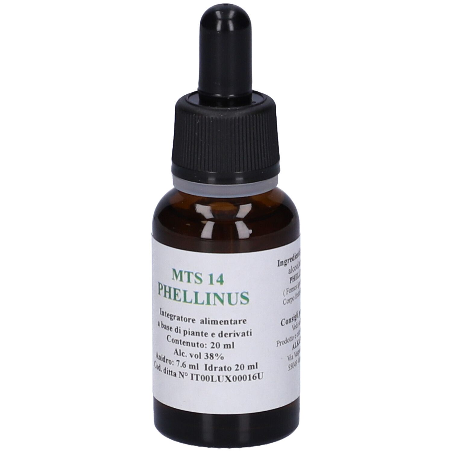 Flacone di vetro marrone con tappo nero e contagocce. Etichetta con testo: MTS 14 Phellinus, contenuto 20 ml.