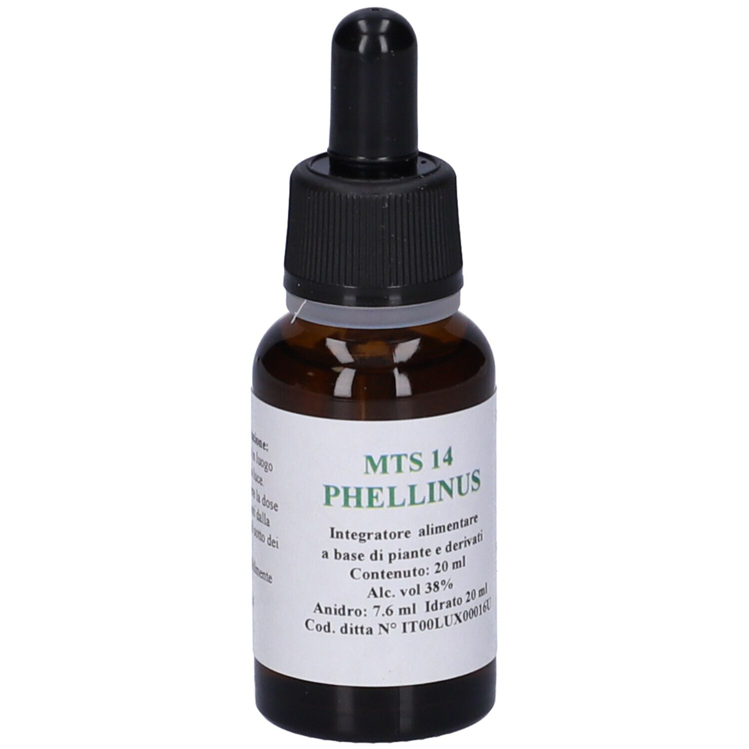 Flacone di vetro marrone con tappo nero e contagocce. Etichetta con testo: MTS 14 Phellinus, contenuto 20 ml.