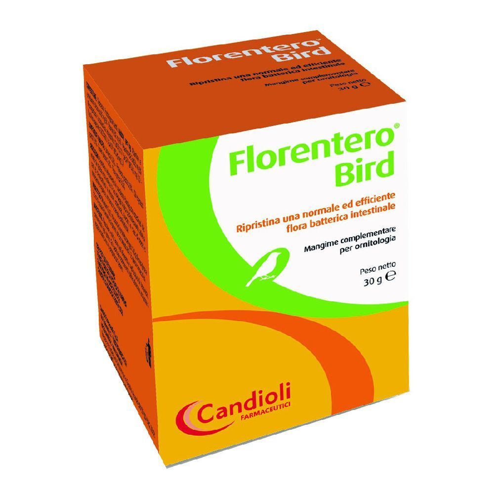 Scatola arancione con stampa verde e bianca. Testo: Florentero Bird, Candoli Pharma. Peso netto: 30 g.