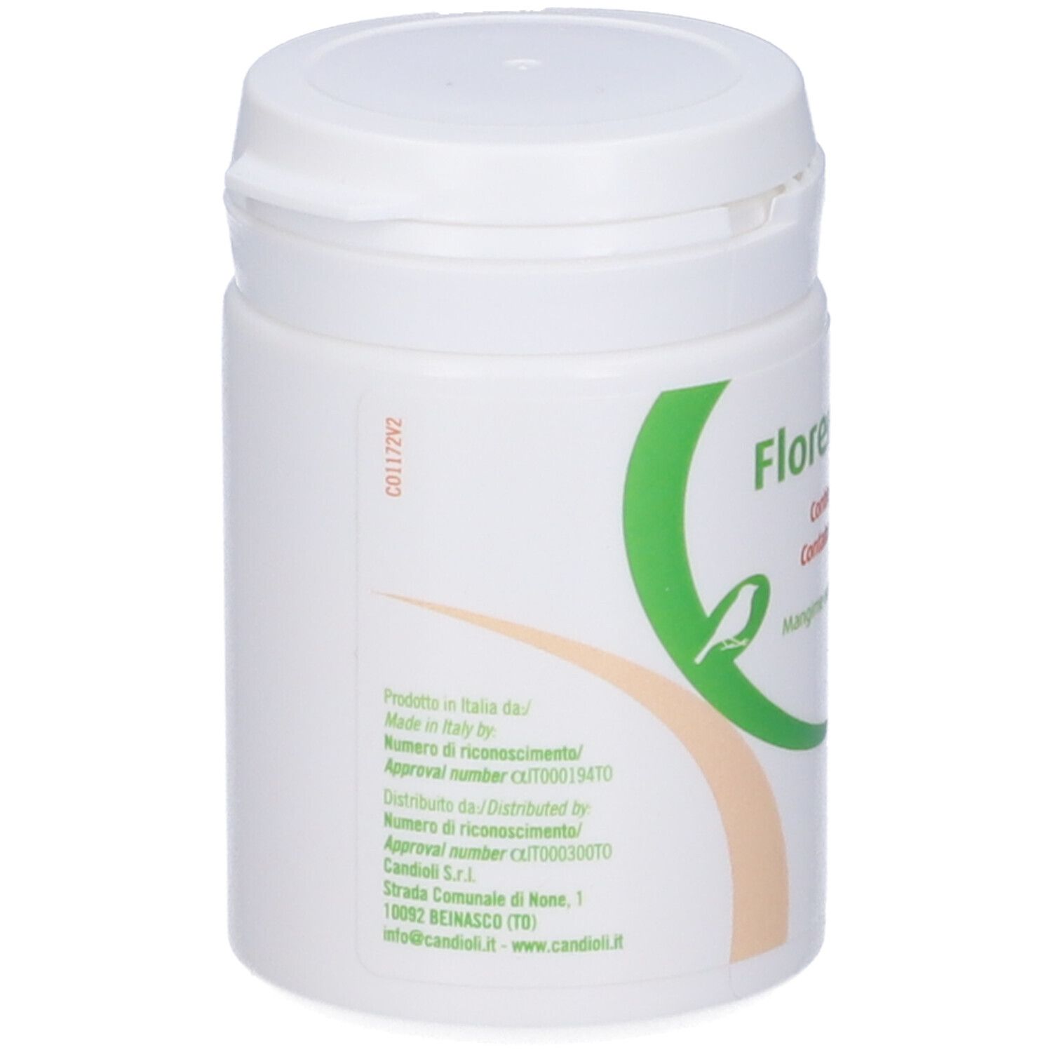 Barattolo bianco con stampa verde. Testo: Florentero Bird, Candoli. Con coperchio. Scritto: Made in Italy.