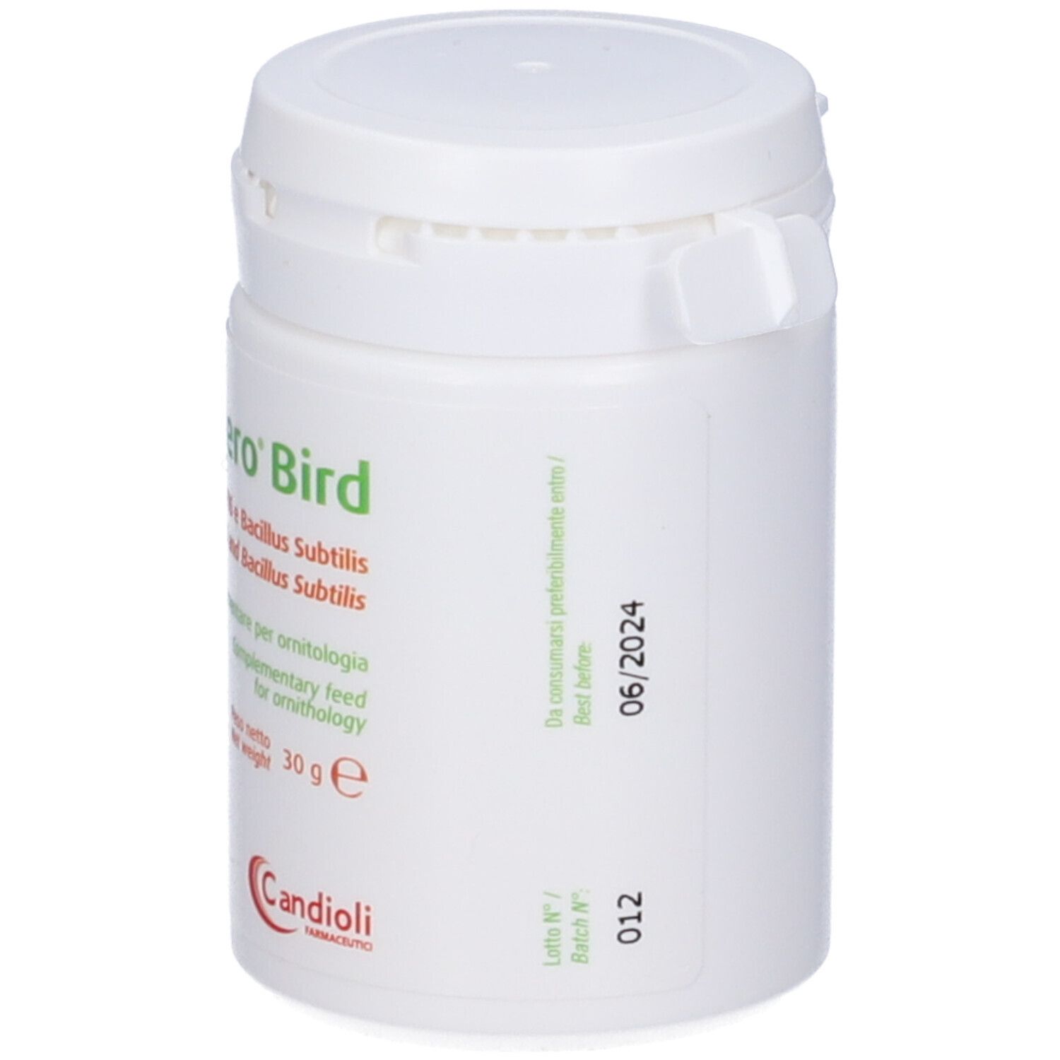 Barattolo bianco con stampa verde. Testo: Florentero Bird. Con coperchio. Scadenza: 06/2024.