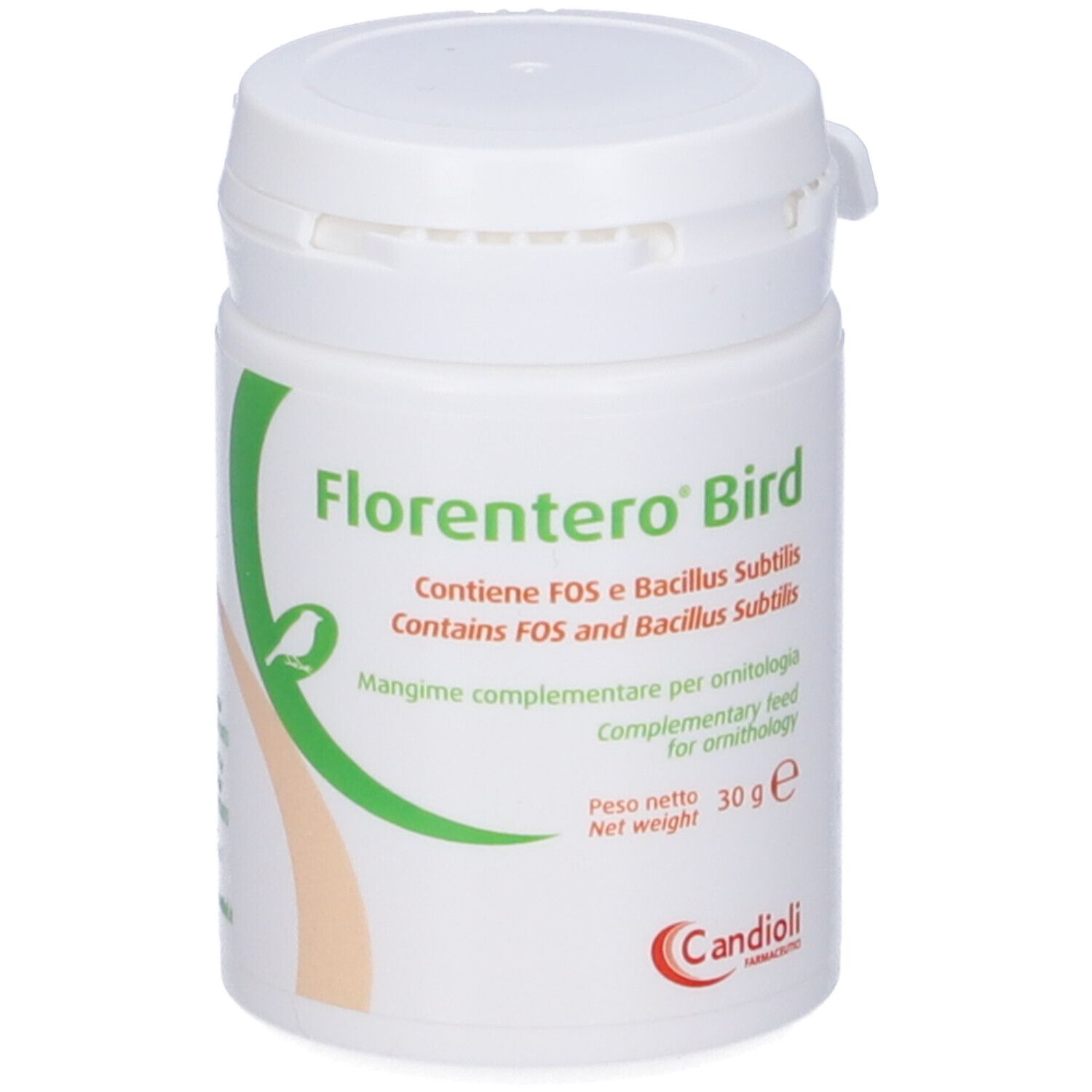 Barattolo bianco con stampa verde. Testo: Florentero Bird, Candoli. Peso netto: 30 g. Con coperchio.