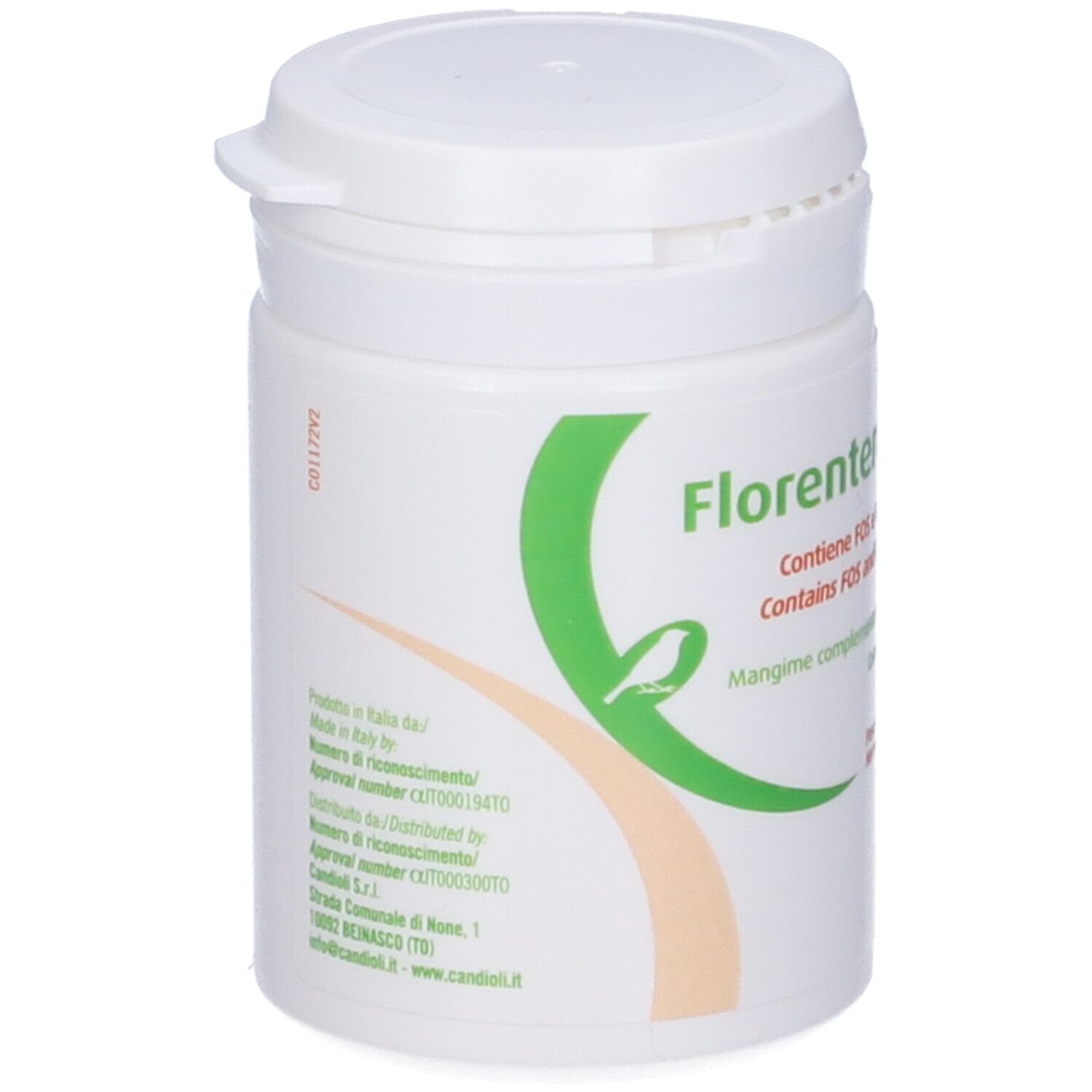 Barattolo bianco con stampa verde. Testo: Florentero Bird, Candoli. Con coperchio. Scritto: Made in Italy.