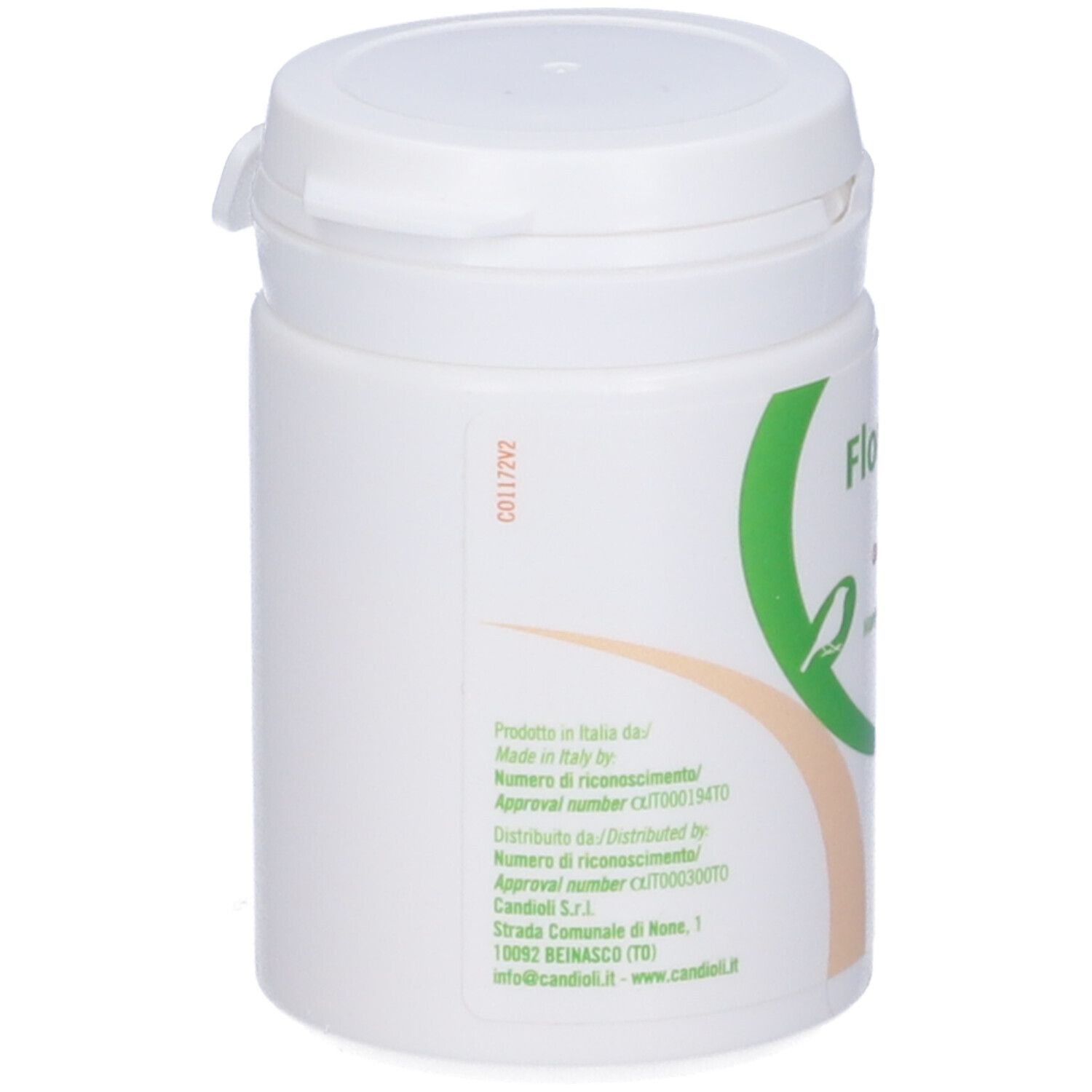 Barattolo bianco con stampa verde. Testo: Florentero Bird, Candoli. Con coperchio. Scritto: Made in Italy.