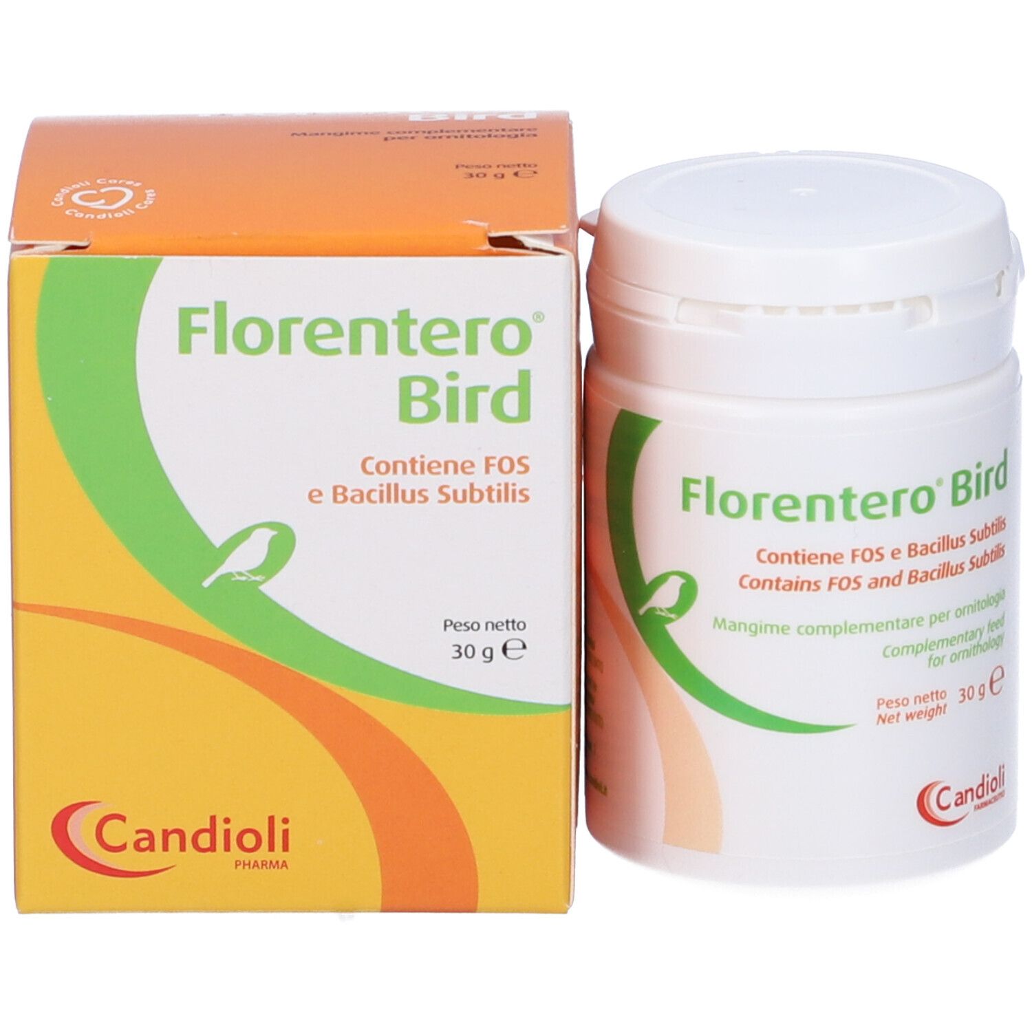 Barattolo bianco e scatola arancione. Testo: Florentero Bird, Candoli. Peso netto: 30 g. Con coperchio.