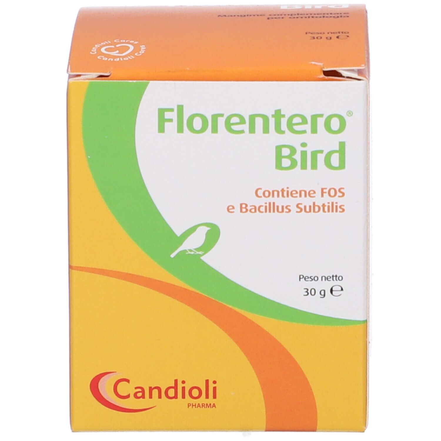 Scatola arancione con stampa verde e bianca. Testo: Florentero Bird, Candoli Pharma. Peso netto: 30 g.