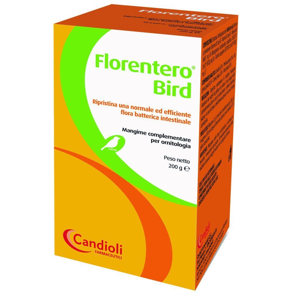 Confezione arancione con nome prodotto Florentero Bird. Testo: Mangime complementare per ornitologia. Peso netto 200 g.