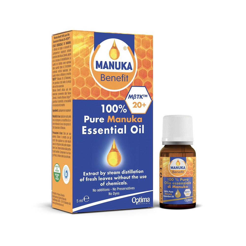 Manuka Benefit 100% reines Manuka-Ätherisches Öl, 5ml Fläschchen und Karton.