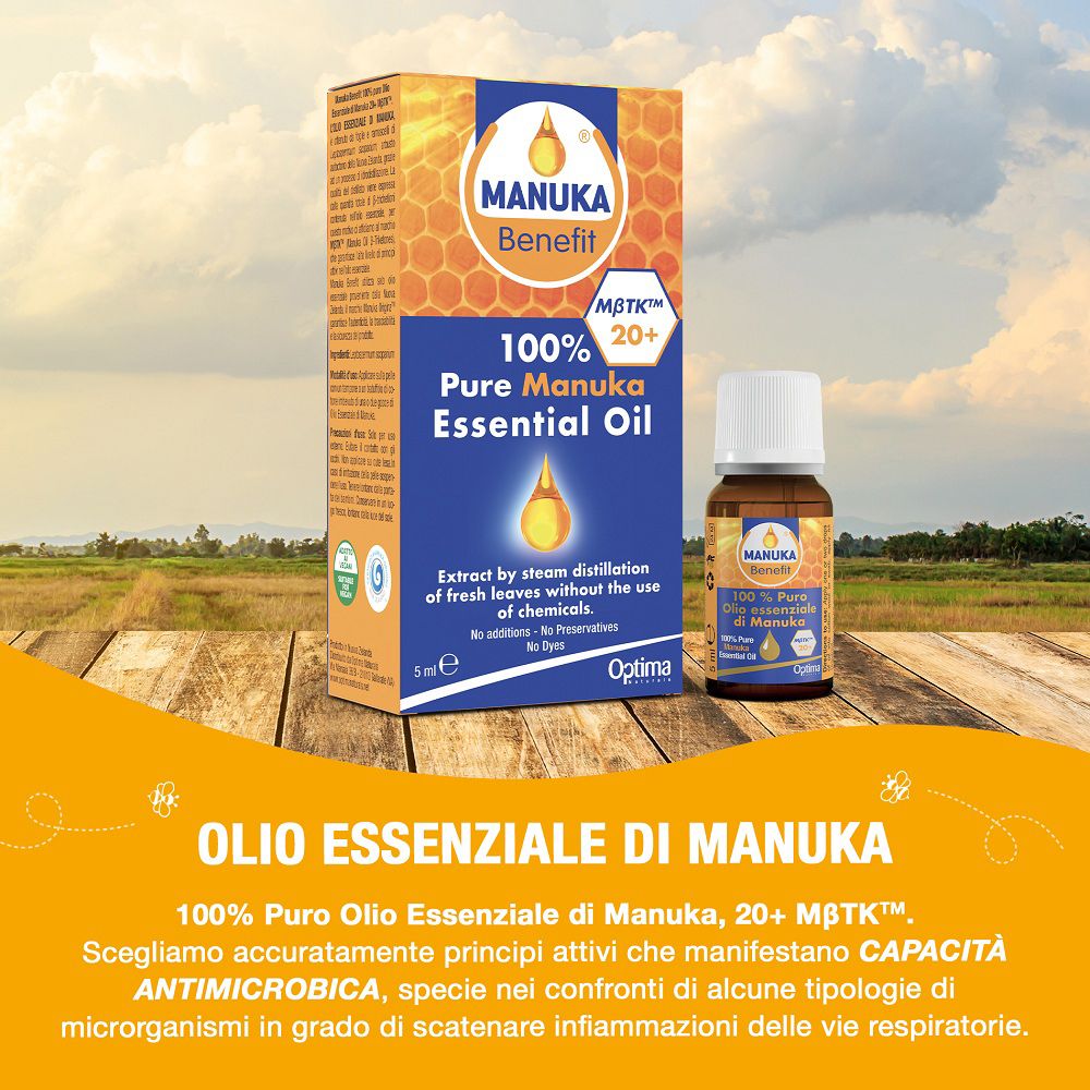 Manuka Benefit 100% reines Manuka-Ätherisches Öl, 5ml Flasche und Karton.
