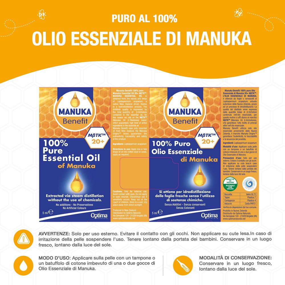 Verpackung von Manuka Benefit 100% reinem ätherischem Manukaöl, MGO 20+.
