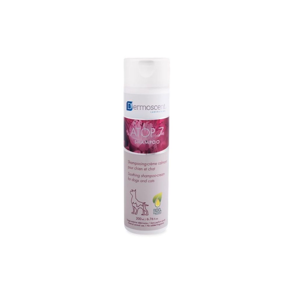 Flacone bianco-viola. Scritta: ATOP 7 Shampoo, per cani e gatti. Logo: cane, foglia. Marchio: Dermoscent.