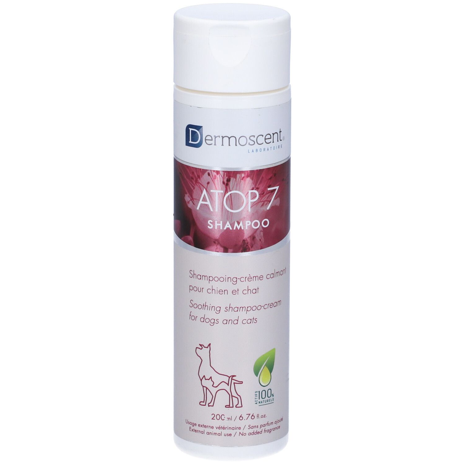 Flacone bianco-viola. Scritta: ATOP 7 Shampoo, per cani e gatti. Logo: cane, foglia. Marchio: Dermoscent.
