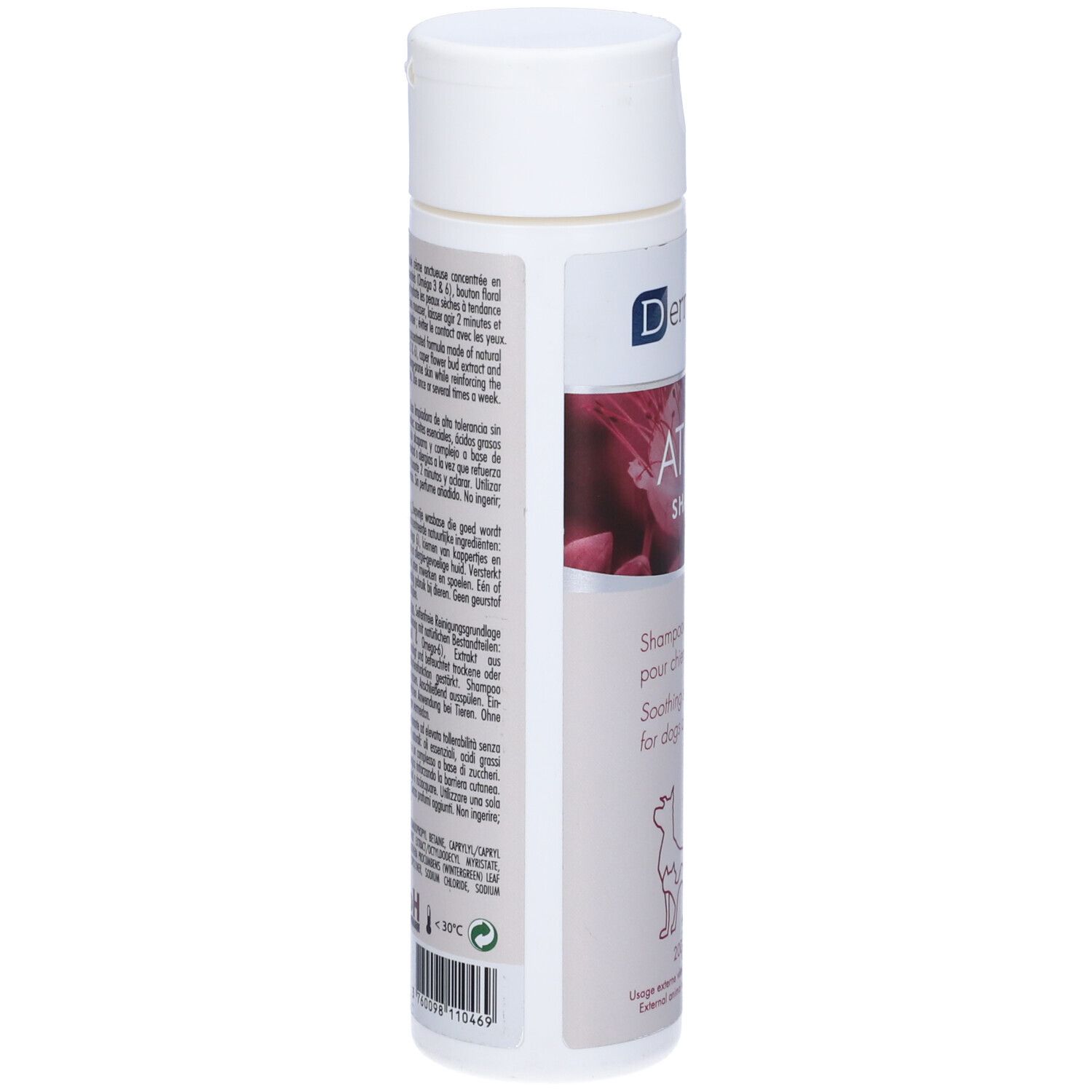 Flacone bianco-viola. Scritta: ATOP 7 Shampoo, per cani e gatti. Logo: cane, foglia. Marchio: Dermoscent.