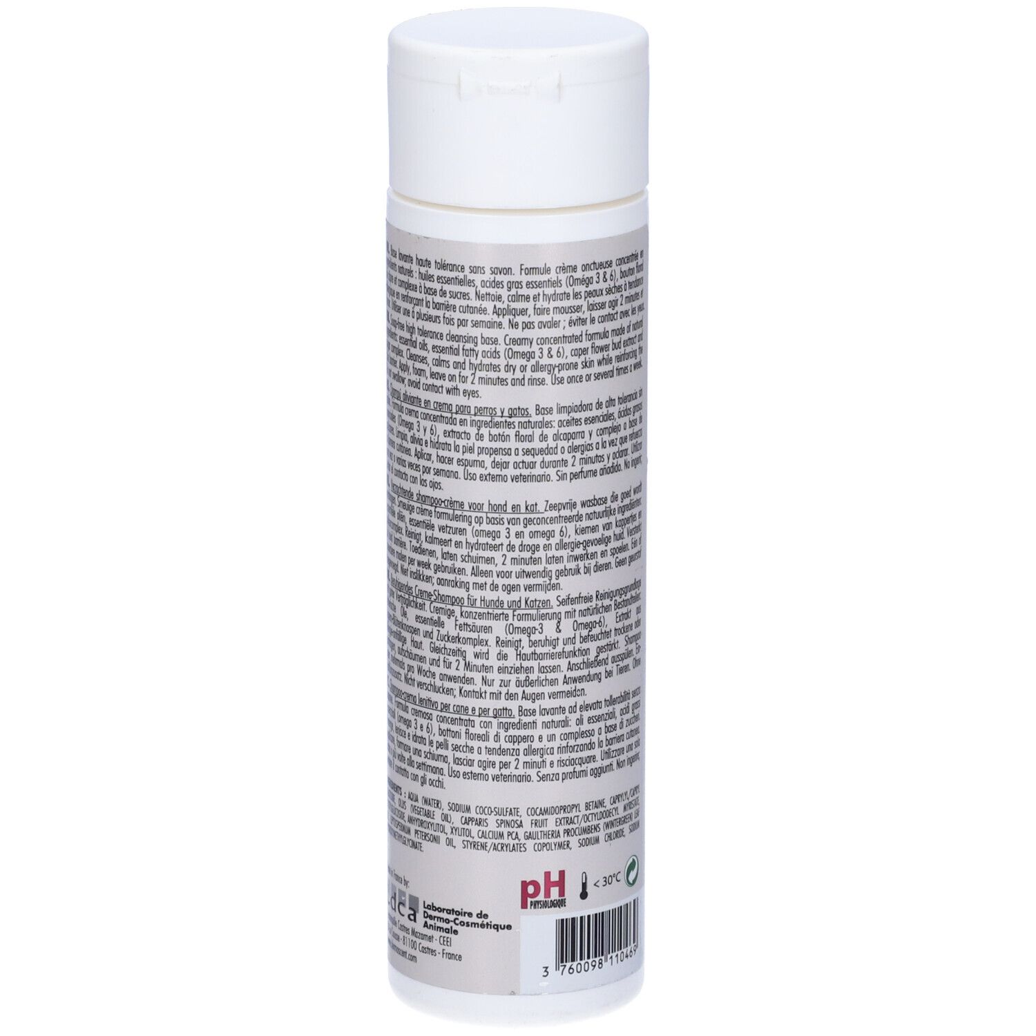 Retro del flacone bianco. Testo multilingue. Marchio: Dermoscent. Simbolo pH.