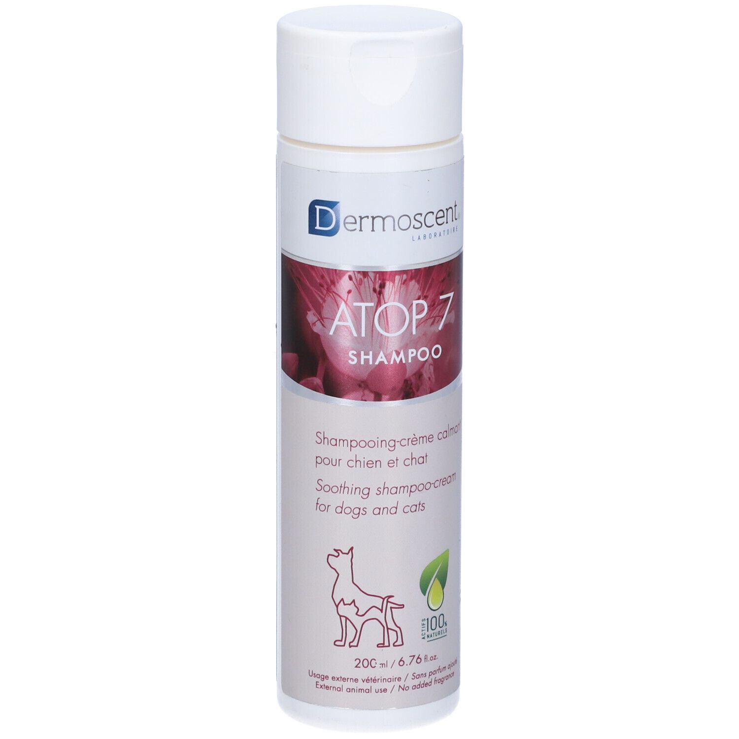 Flacone bianco-viola. Scritta: ATOP 7 Shampoo, per cani e gatti. Logo: cane, foglia. Marchio: Dermoscent.