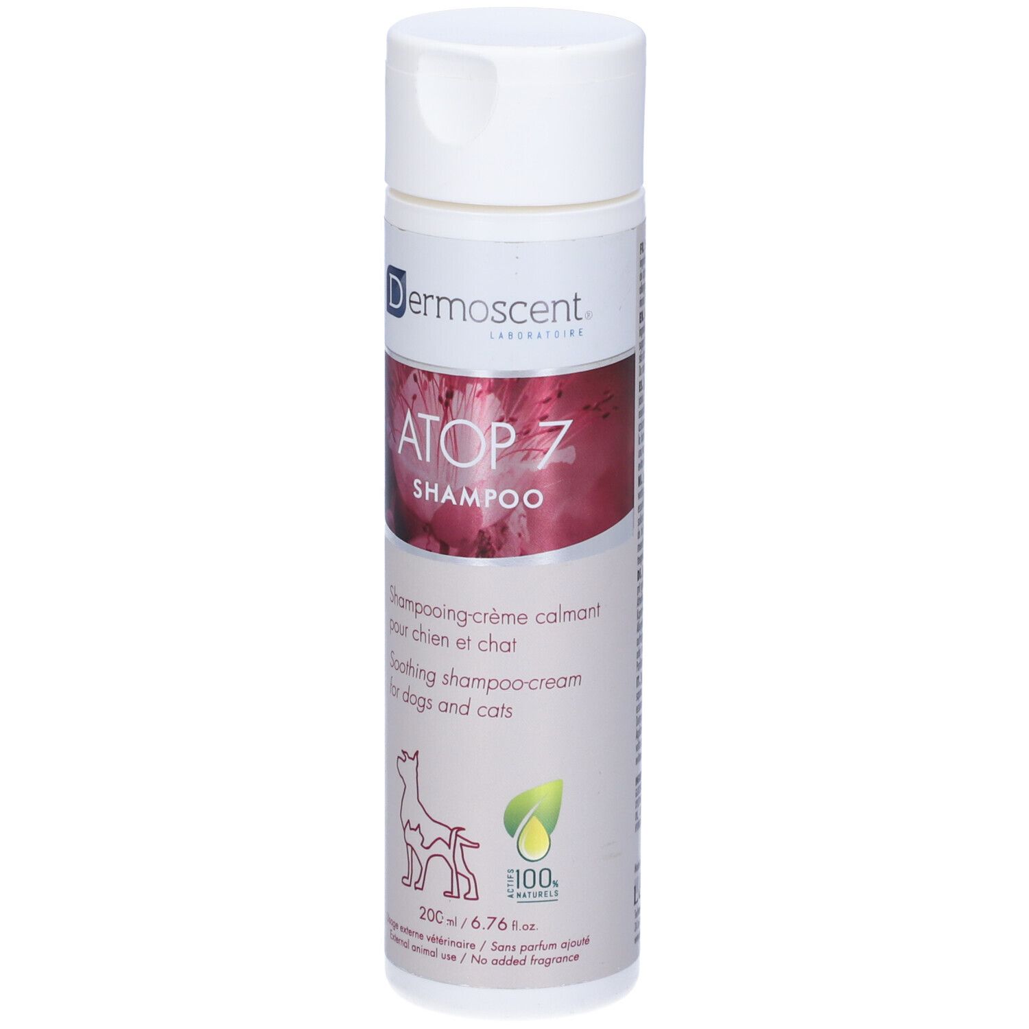 Flacone bianco-viola. Scritta: ATOP 7 Shampoo, per cani e gatti. Logo: cane, foglia. Marchio: Dermoscent.