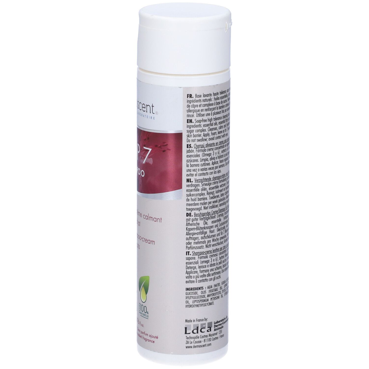 Flacone bianco-viola. Scritta: ATOP 7 Shampoo, per cani e gatti. Logo: cane, foglia. Marchio: Dermoscent.
