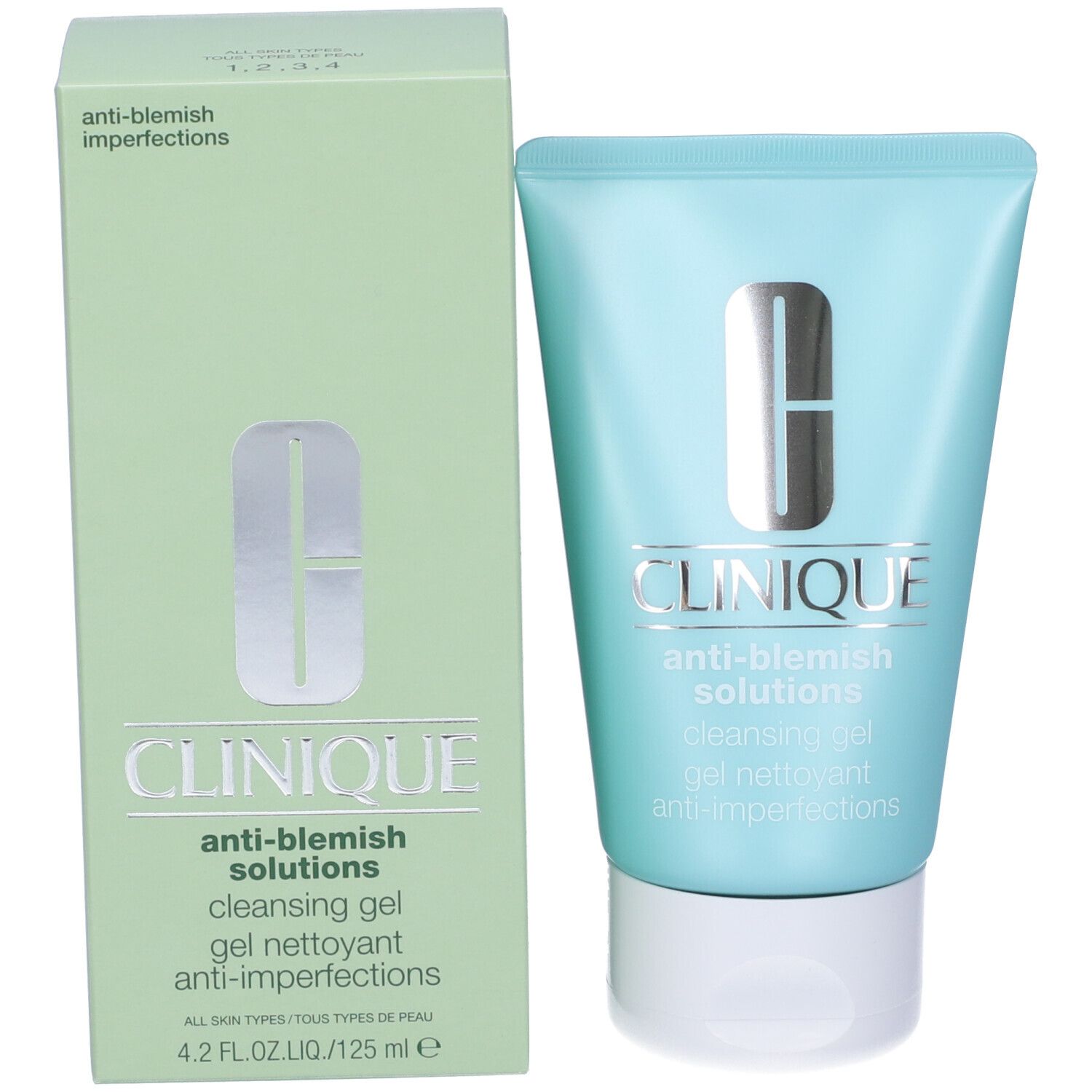 Scatola verde chiaro e tubo azzurro chiaro. Sulla scatola: logo Clinique, Anti-Blemish Solutions, Cleansing Gel. Tubo: stesso logo e testo.