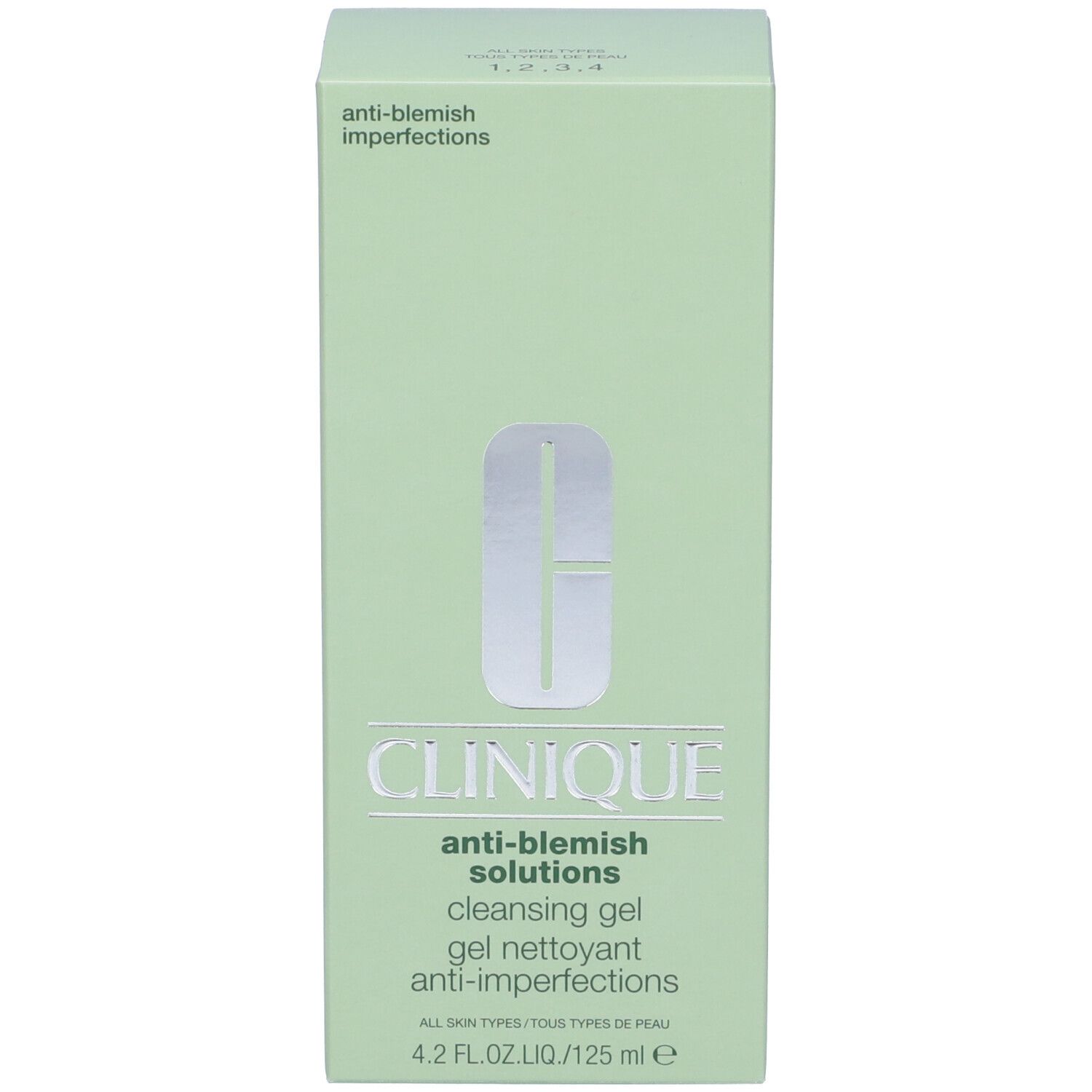 Scatola verde chiaro. Logo Clinique, Anti-Blemish Solutions, Cleansing Gel. Testo: Tutti i tipi di pelle, 4.2 FL.OZ.LIQ./125 ml.