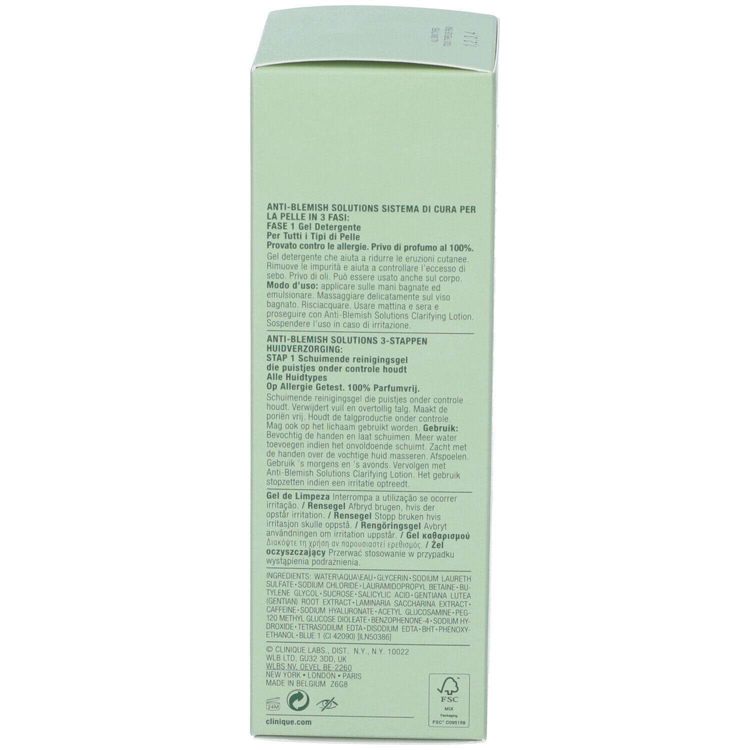 Retro della scatola verde chiaro. Testo in bianco. Contiene informazioni sugli ingredienti e l'uso.