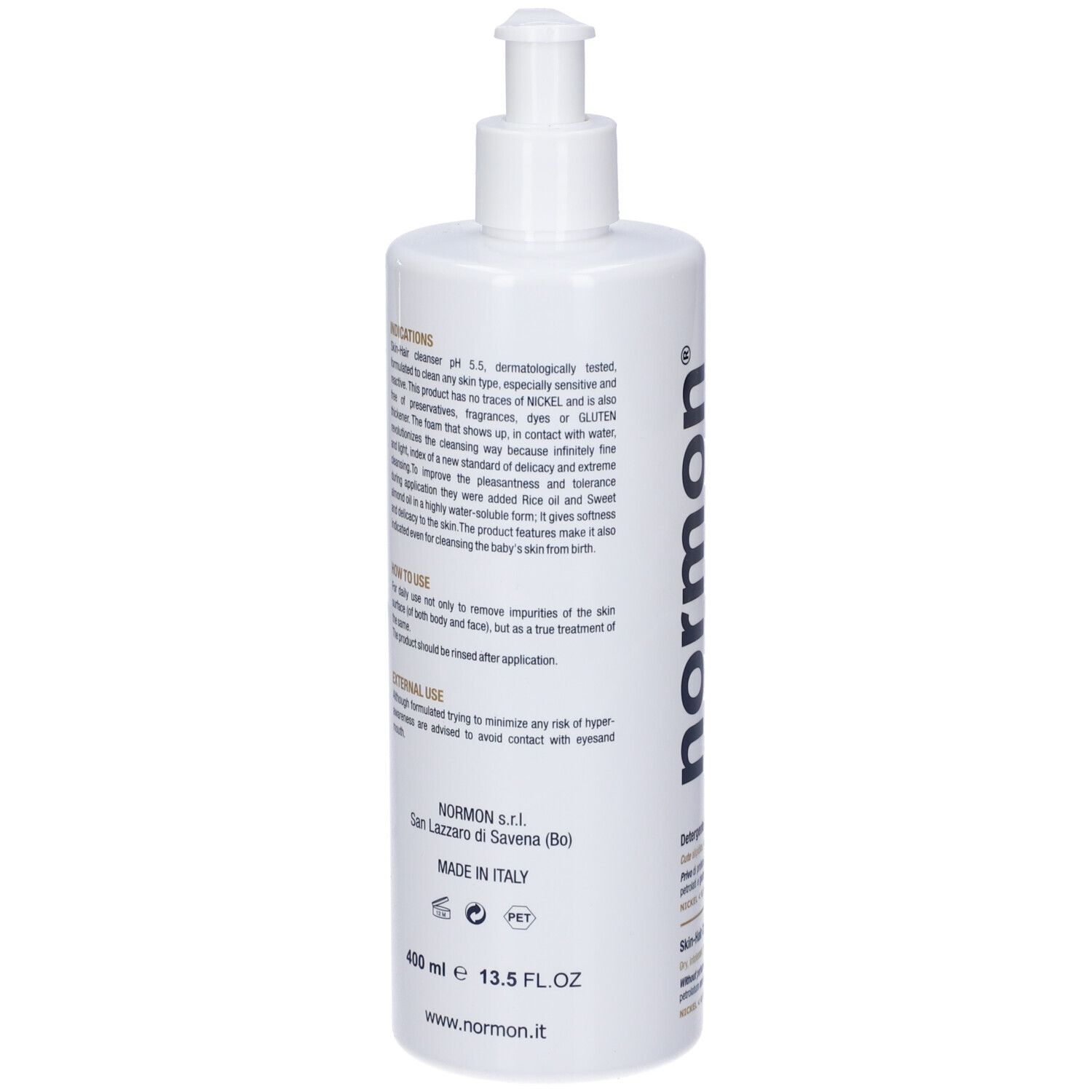 Flacone bianco con dispenser a pompa, 400 ml, logo Normon verticale.