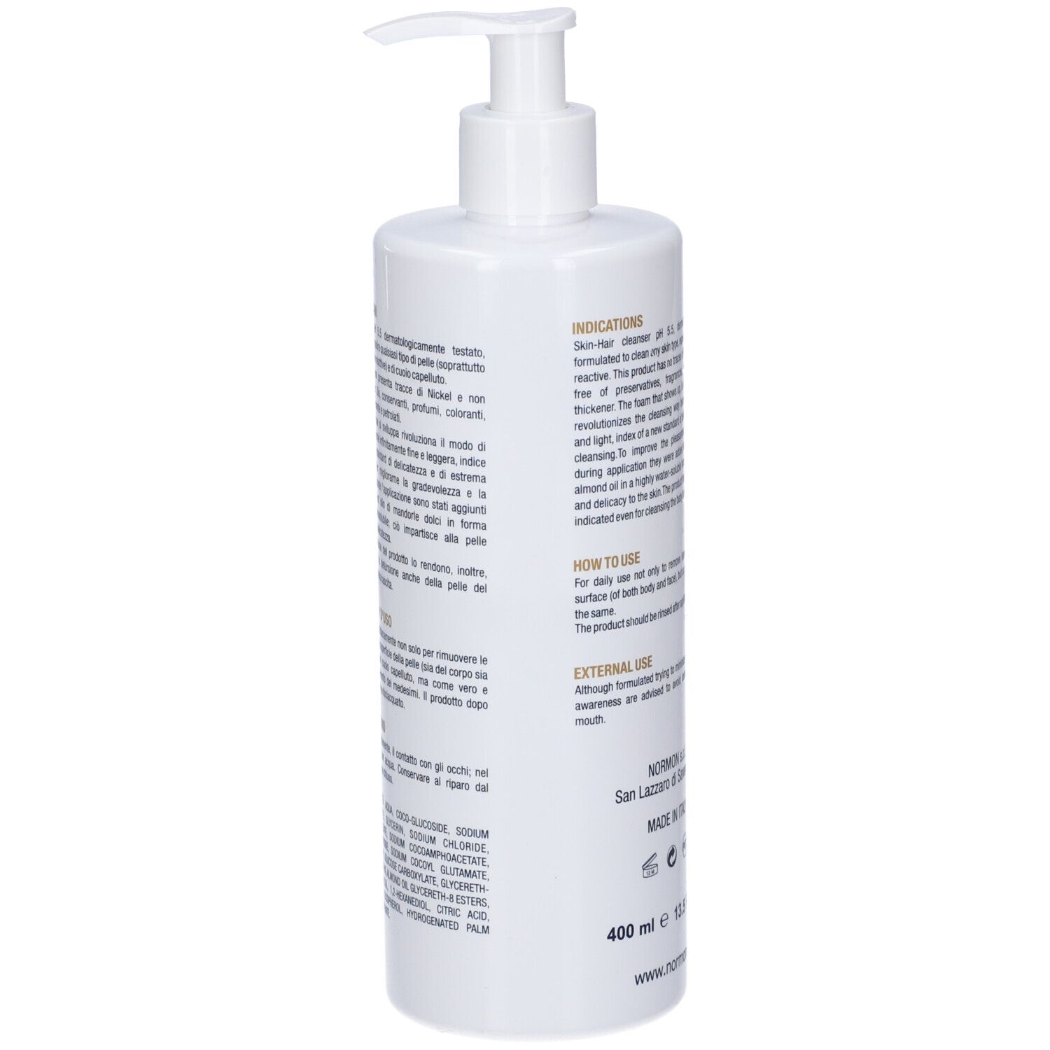Flacone bianco con pompa e testo, 400 ml.