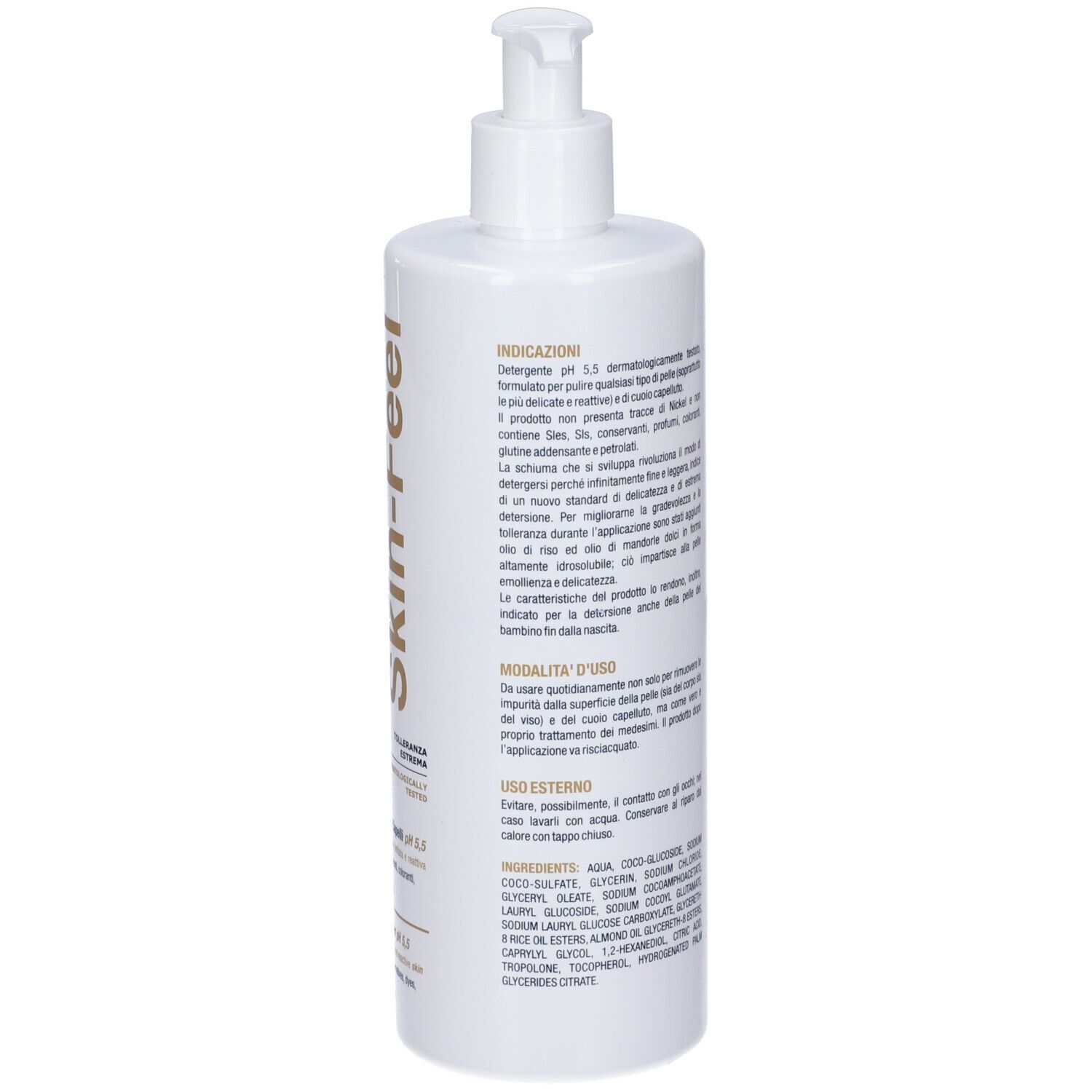 Flacone bianco con dispenser a pompa, scritta dorata 'SKIN-GEL'. Contiene elenco ingredienti e istruzioni d'uso.