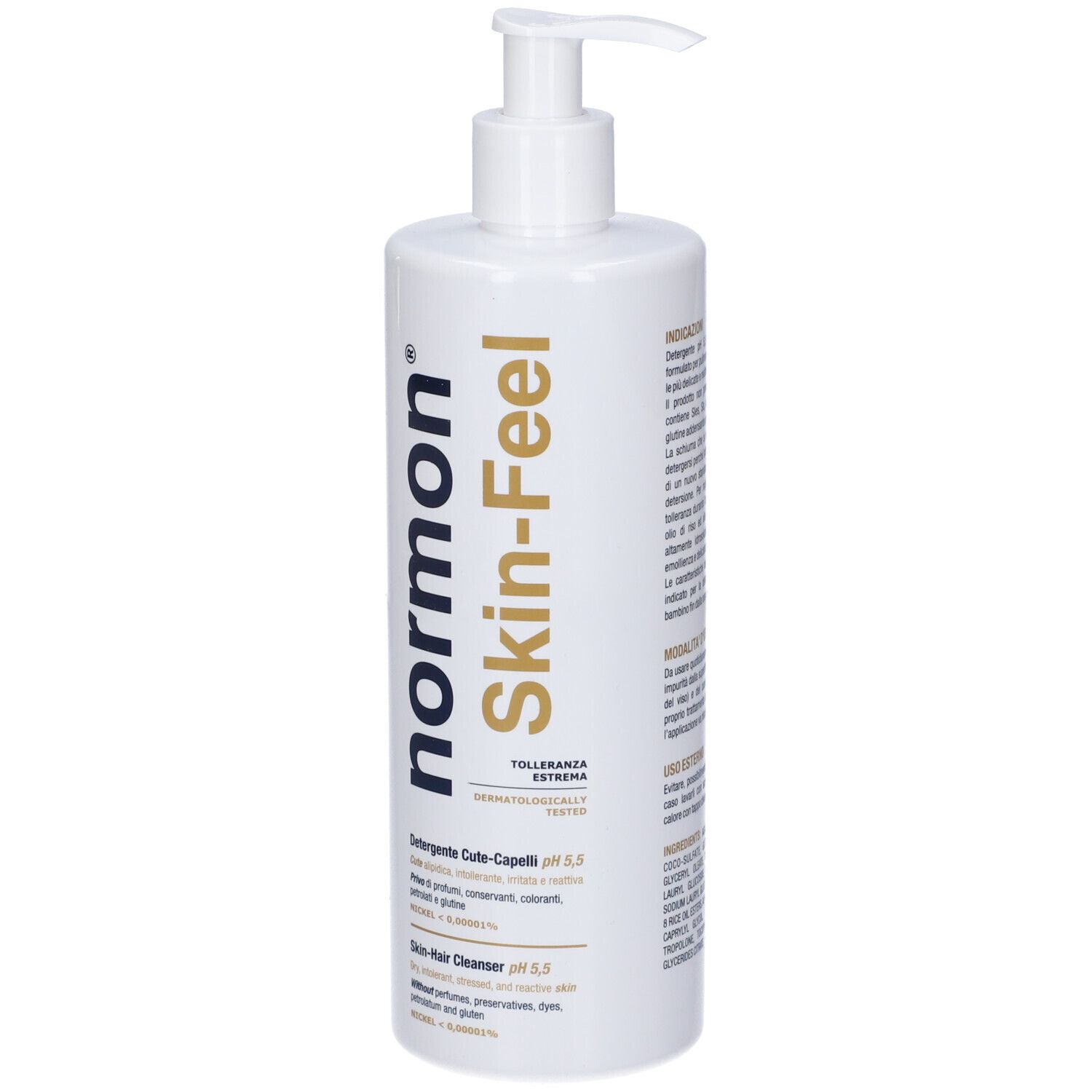 Flacone bianco con dispenser a pompa, scritta "normon Skin-Feel", pH 5,5.