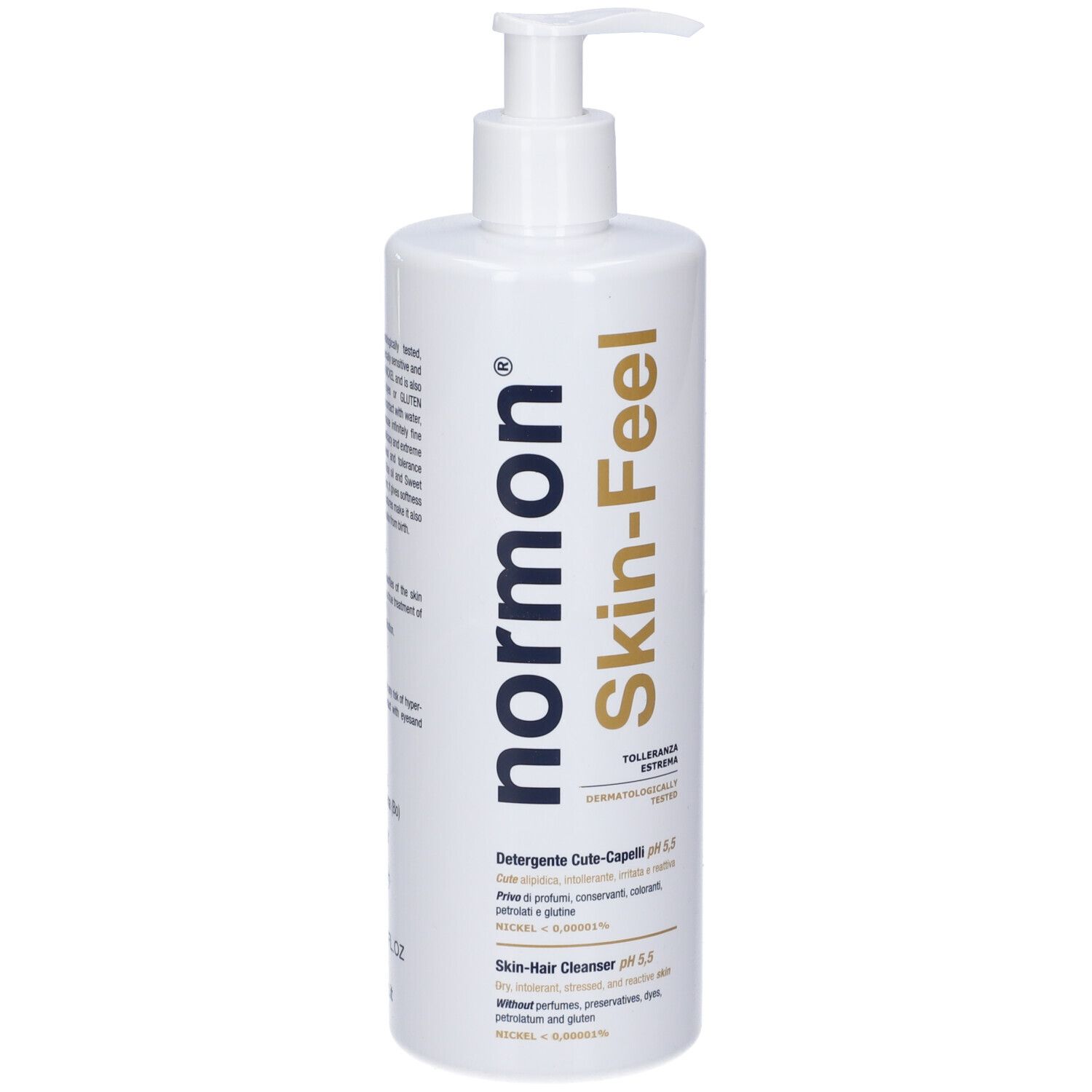 Flacone bianco con dispenser a pompa, etichetta Normon Skin-Feel. Detergente cute-capelli.