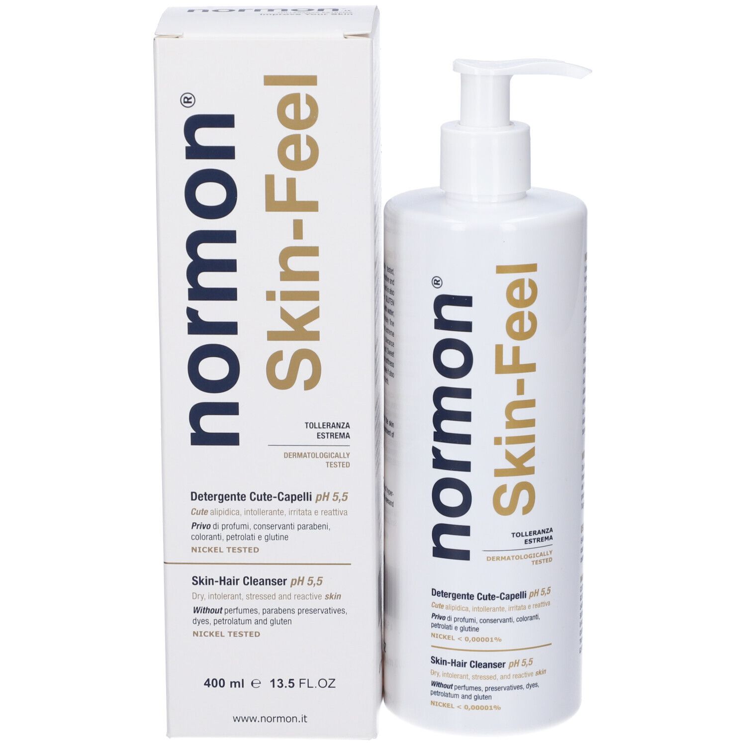 Detergente Normon Skin-Feel per cute-capelli, 400ml, con dispenser a pompa. Testato dermatologicamente.