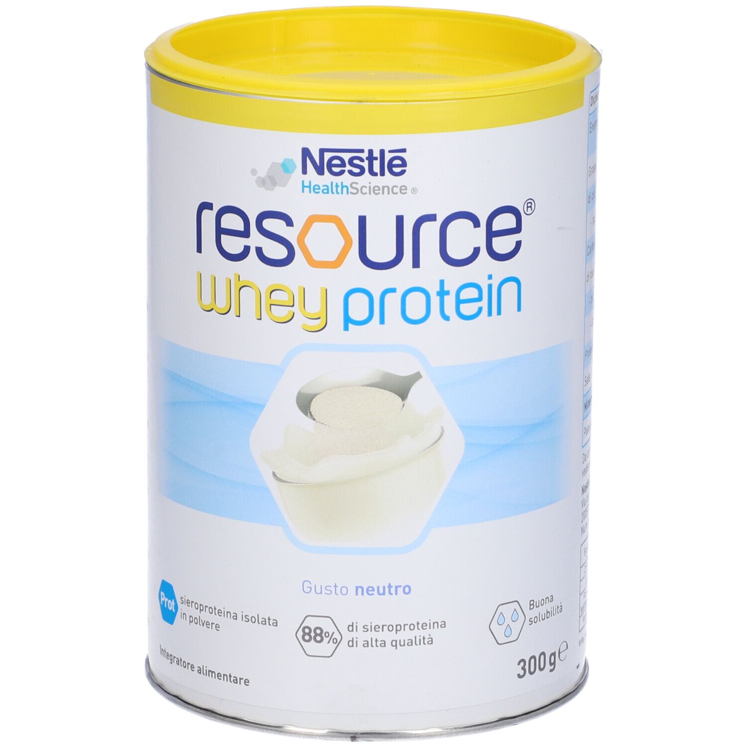 Barattolo Nestlé Resource Whey Protein, gusto neutro. Barattolo con coperchio giallo, etichetta blu e bianca, immagine del prodotto.