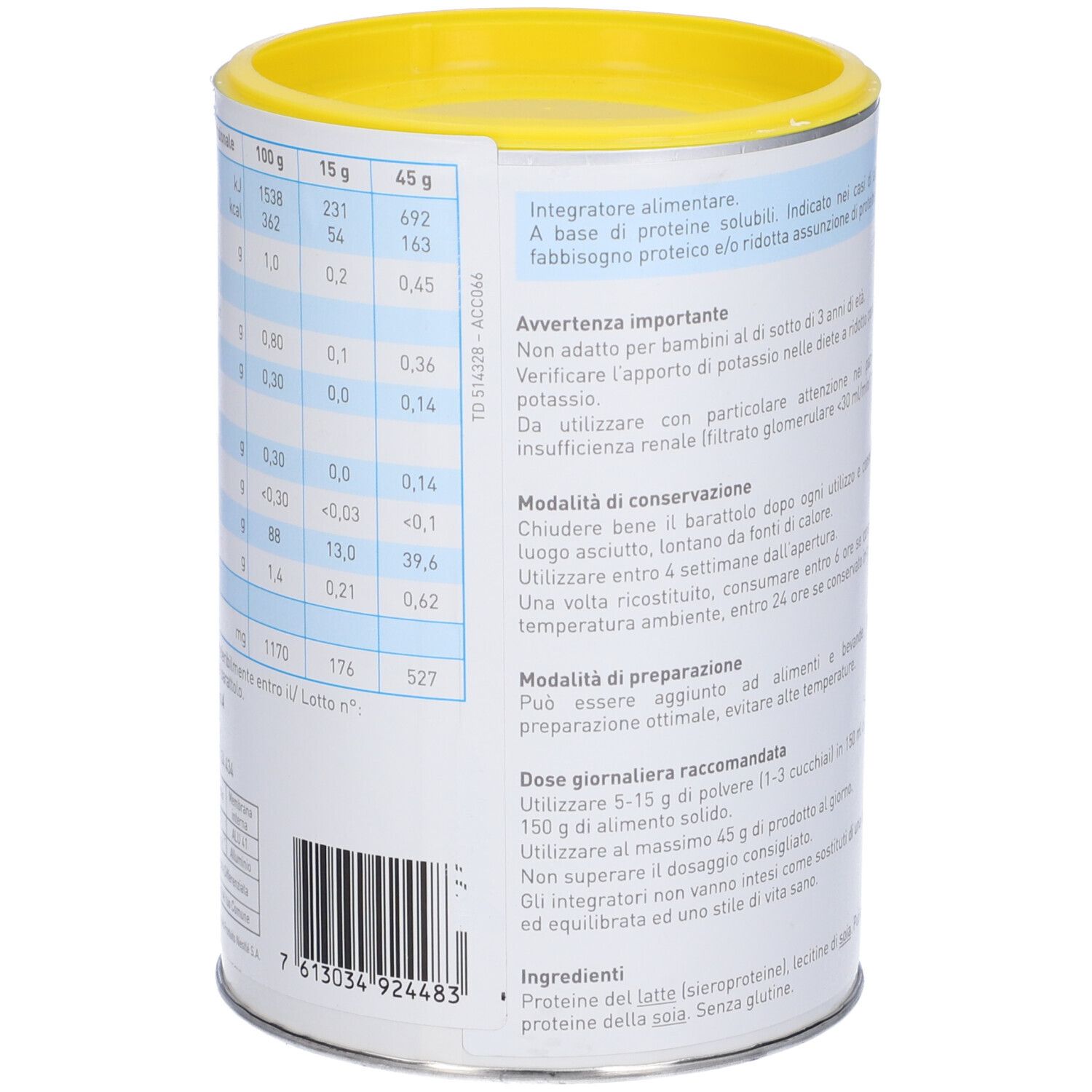 Barattolo Nestlé Resource Whey Protein. Retro con tabella nutrizionale, coperchio giallo. Contiene informazioni nutrizionali.