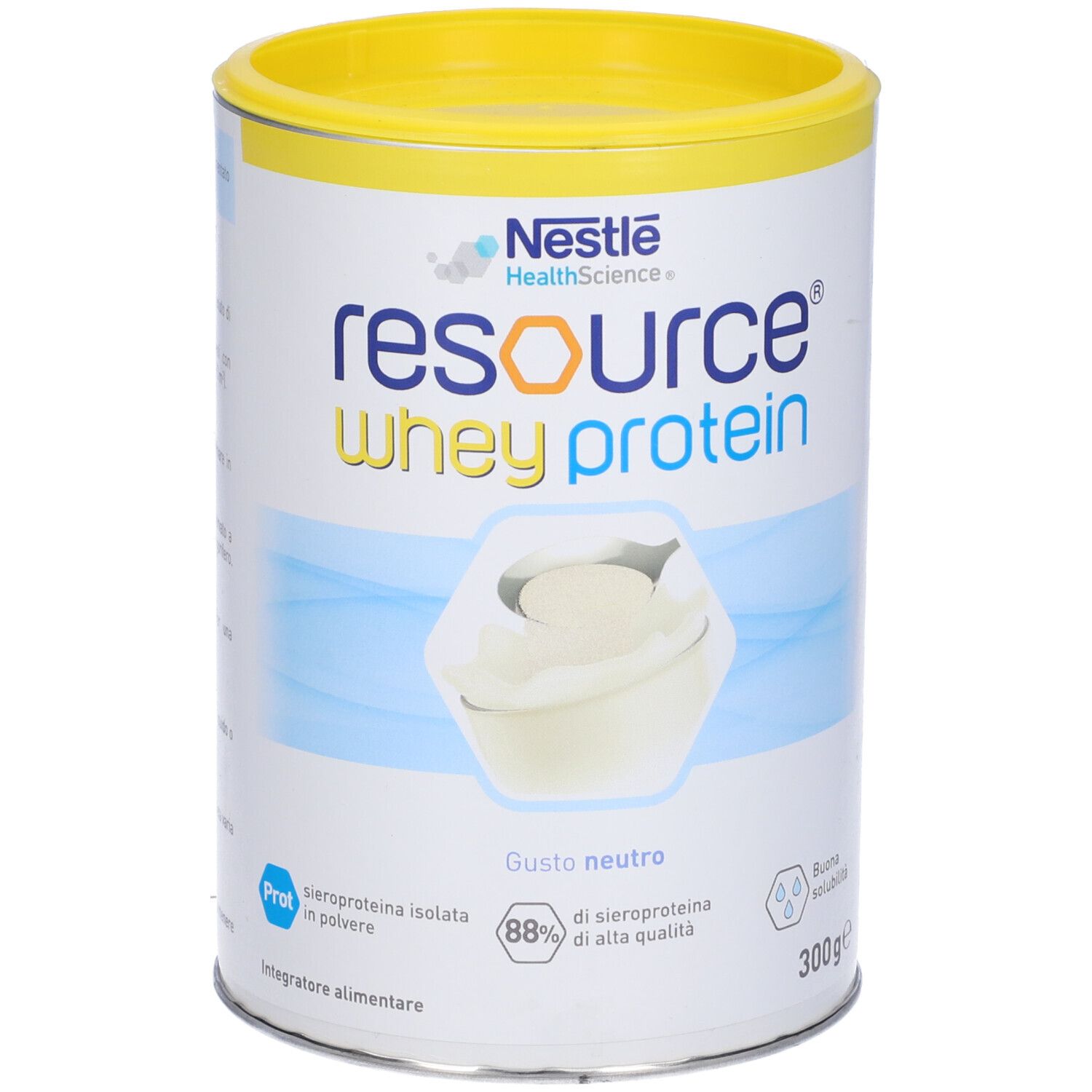 Barattolo Nestlé Resource Whey Protein, gusto neutro. Barattolo con coperchio giallo, etichetta blu e bianca, immagine del prodotto.