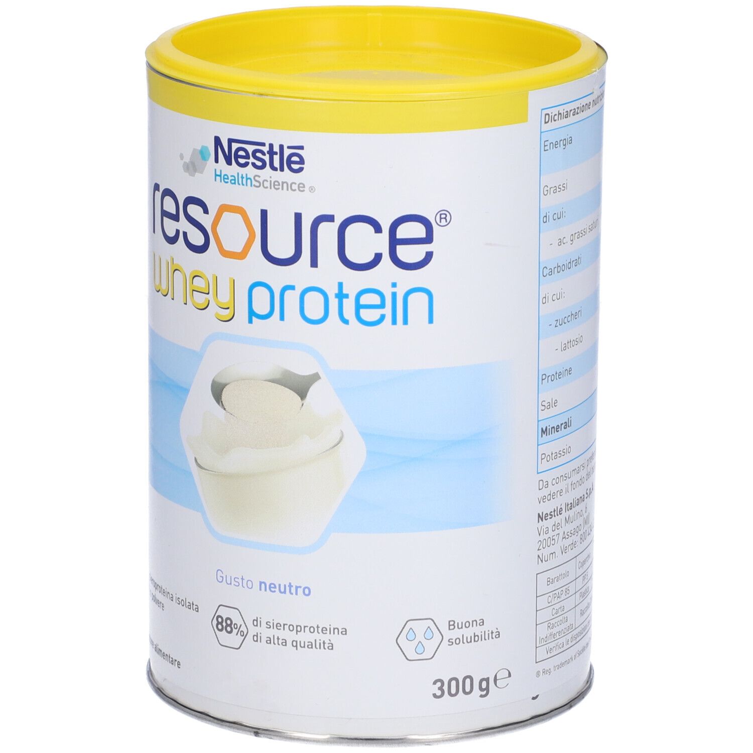 Barattolo Nestlé Resource Whey Protein, gusto neutro. Barattolo con coperchio giallo, etichetta blu e bianca, informazioni nutrizionali.