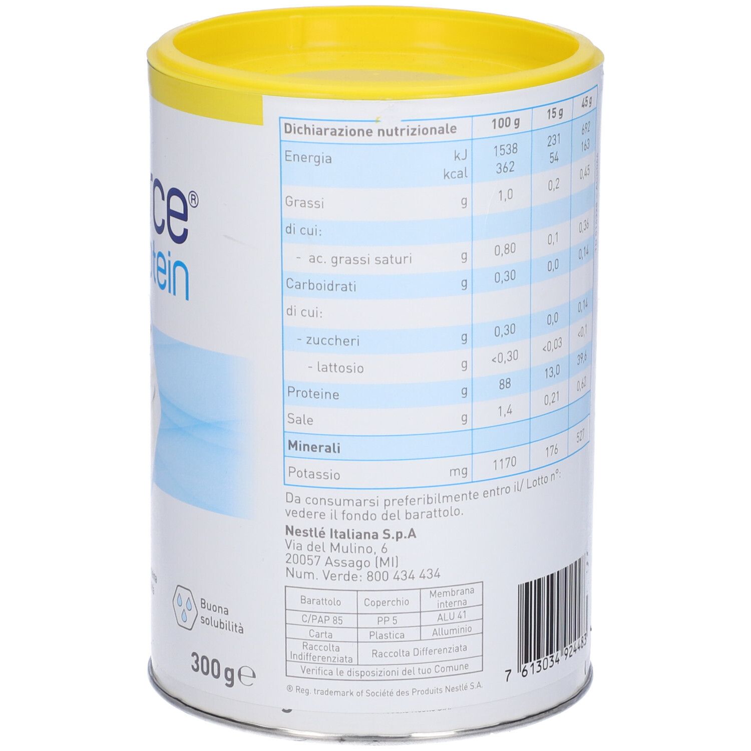 Barattolo Nestlé Resource Whey Protein. Retro con tabella nutrizionale, coperchio giallo. Contiene informazioni nutrizionali.