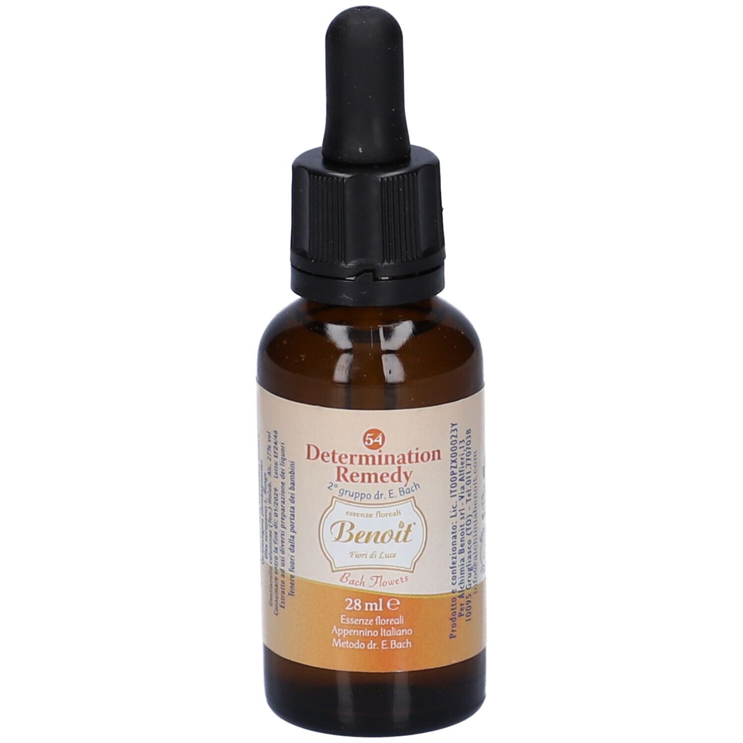 Flacone di vetro marrone con contagocce nero. Etichetta con nome del prodotto, ingredienti e 28 ml. Flacone in piedi.