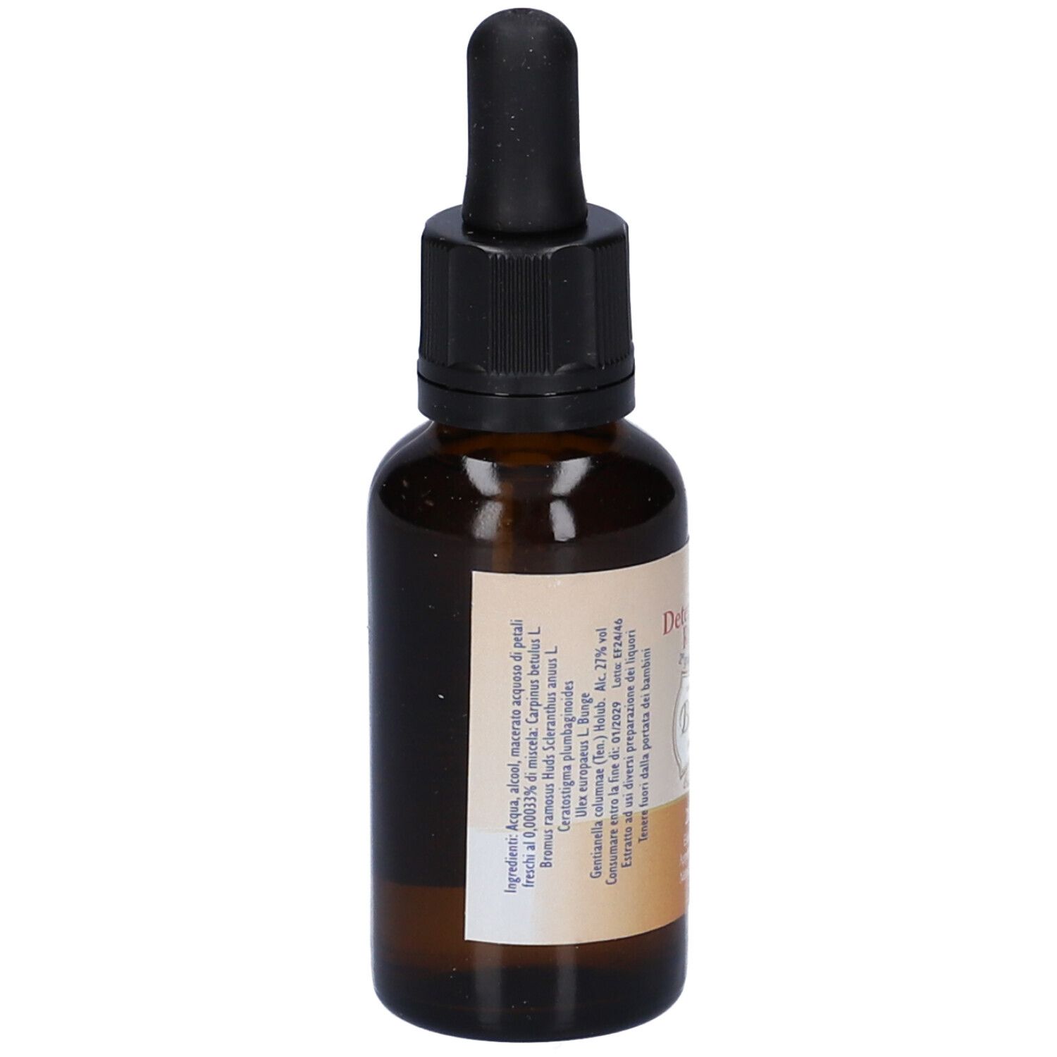 Flacone di vetro marrone con contagocce nero. Etichetta con ingredienti. Flacone in piedi.