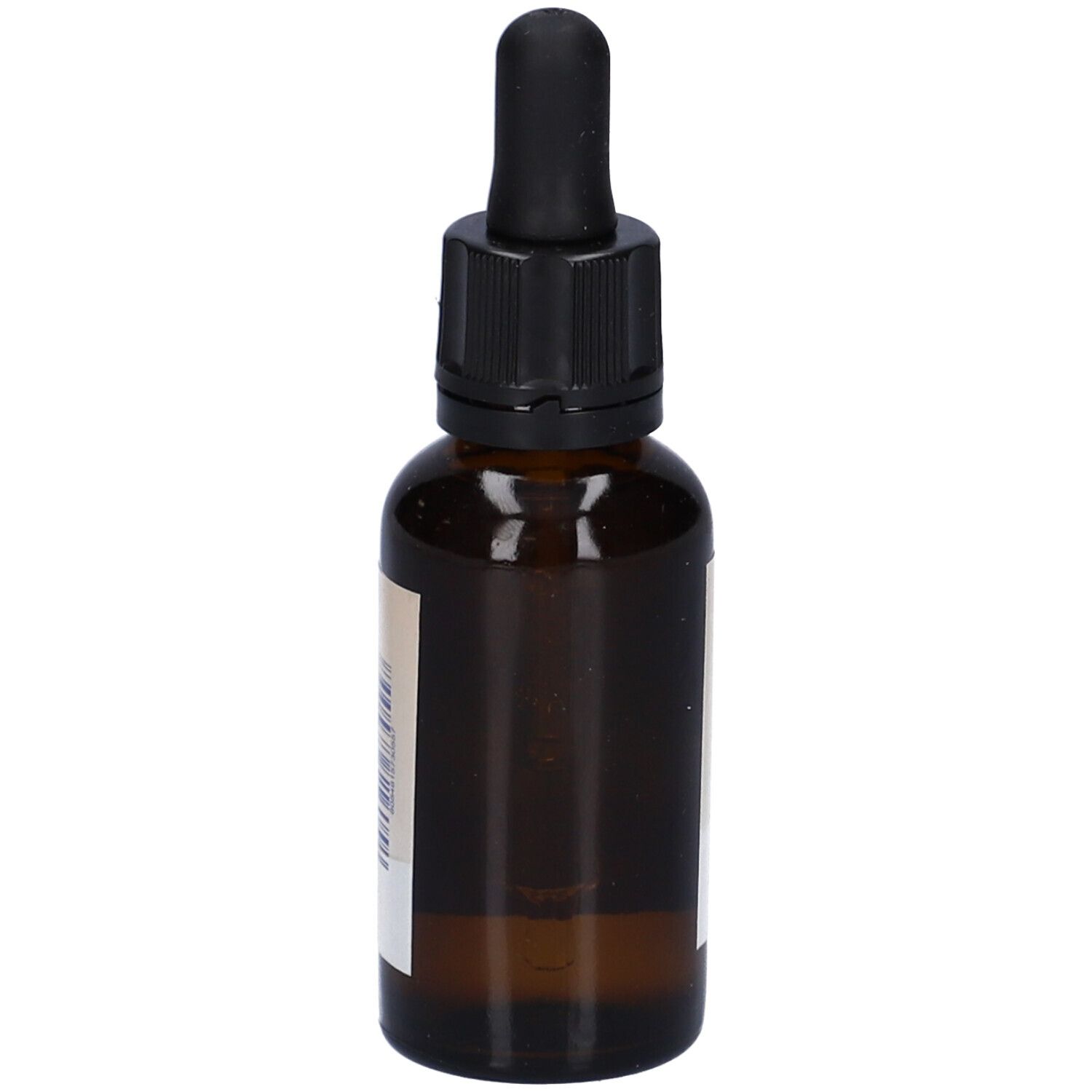 Flacone di vetro marrone con contagocce nero. Etichetta con ingredienti. Flacone in piedi.