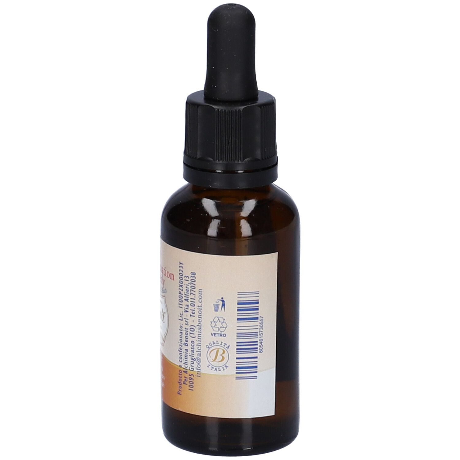 Flacone di vetro marrone con contagocce nero. Etichetta con ingredienti e marchio di qualità. Flacone in piedi.
