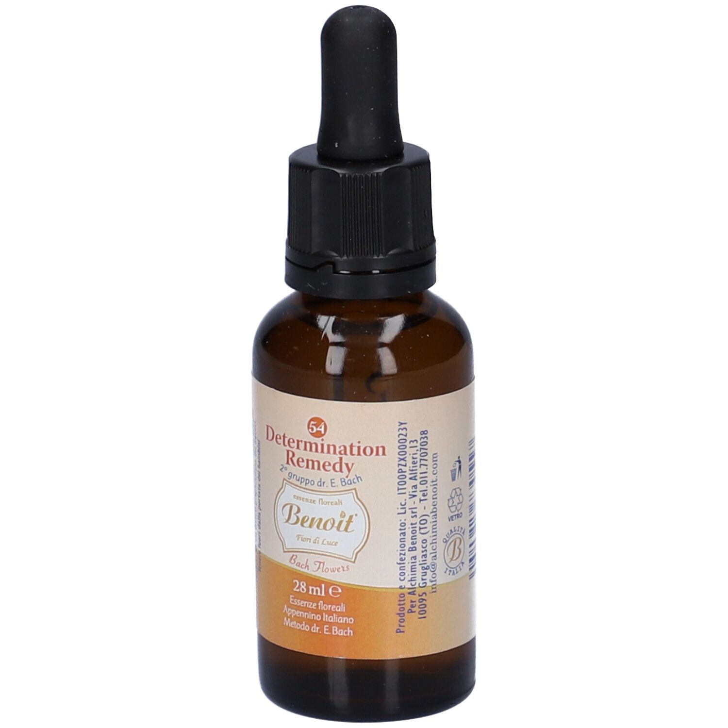 Flacone di vetro marrone con contagocce nero. Etichetta con nome del prodotto, ingredienti e 28 ml. Flacone in piedi.