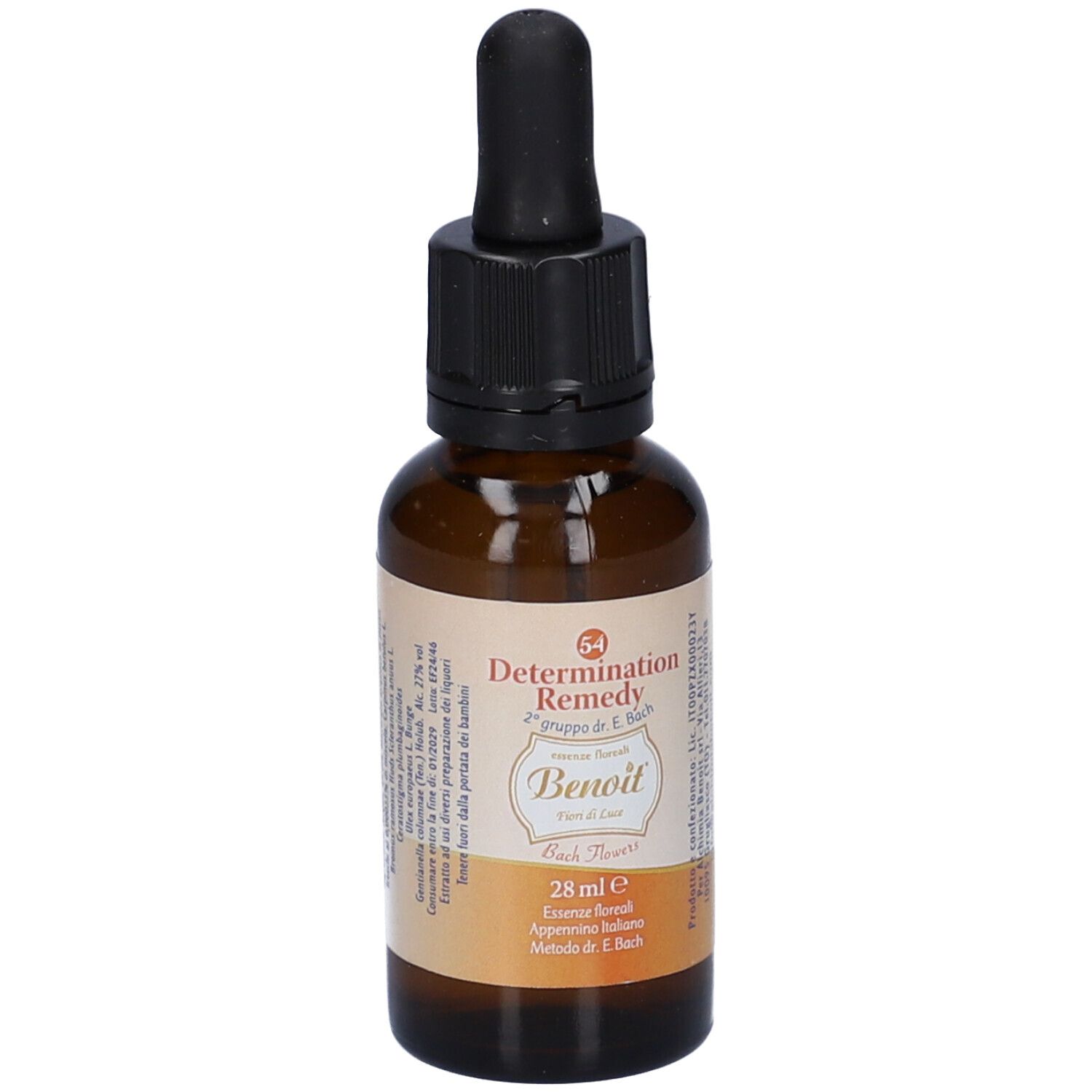 Flacone di vetro marrone con contagocce nero. Etichetta con nome del prodotto, ingredienti e 28 ml. Flacone in piedi.