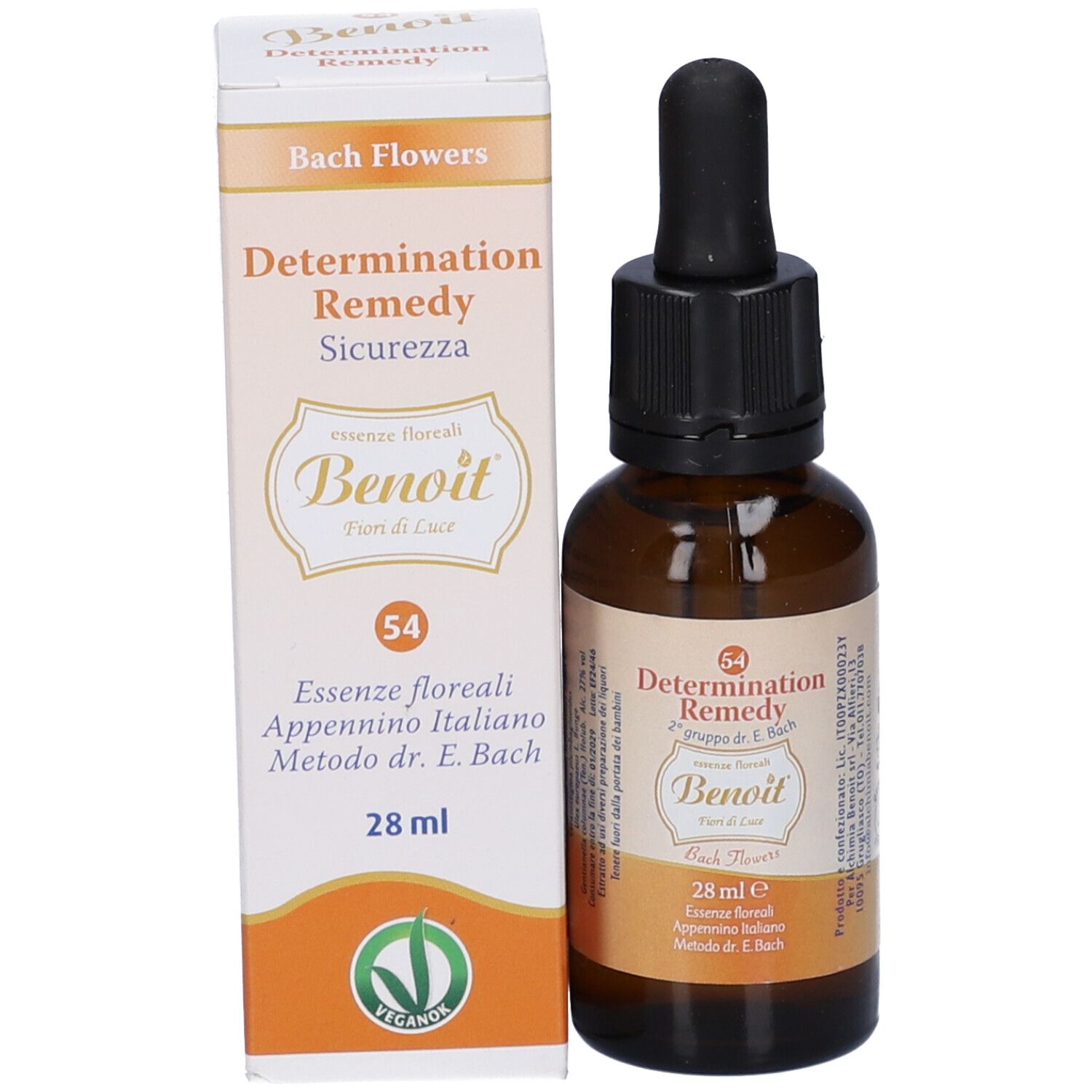 Flacone e confezione del prodotto. Flacone in vetro marrone con contagocce, accanto a una scatola di cartone. Scritta: Determination Remedy, 28 ml.