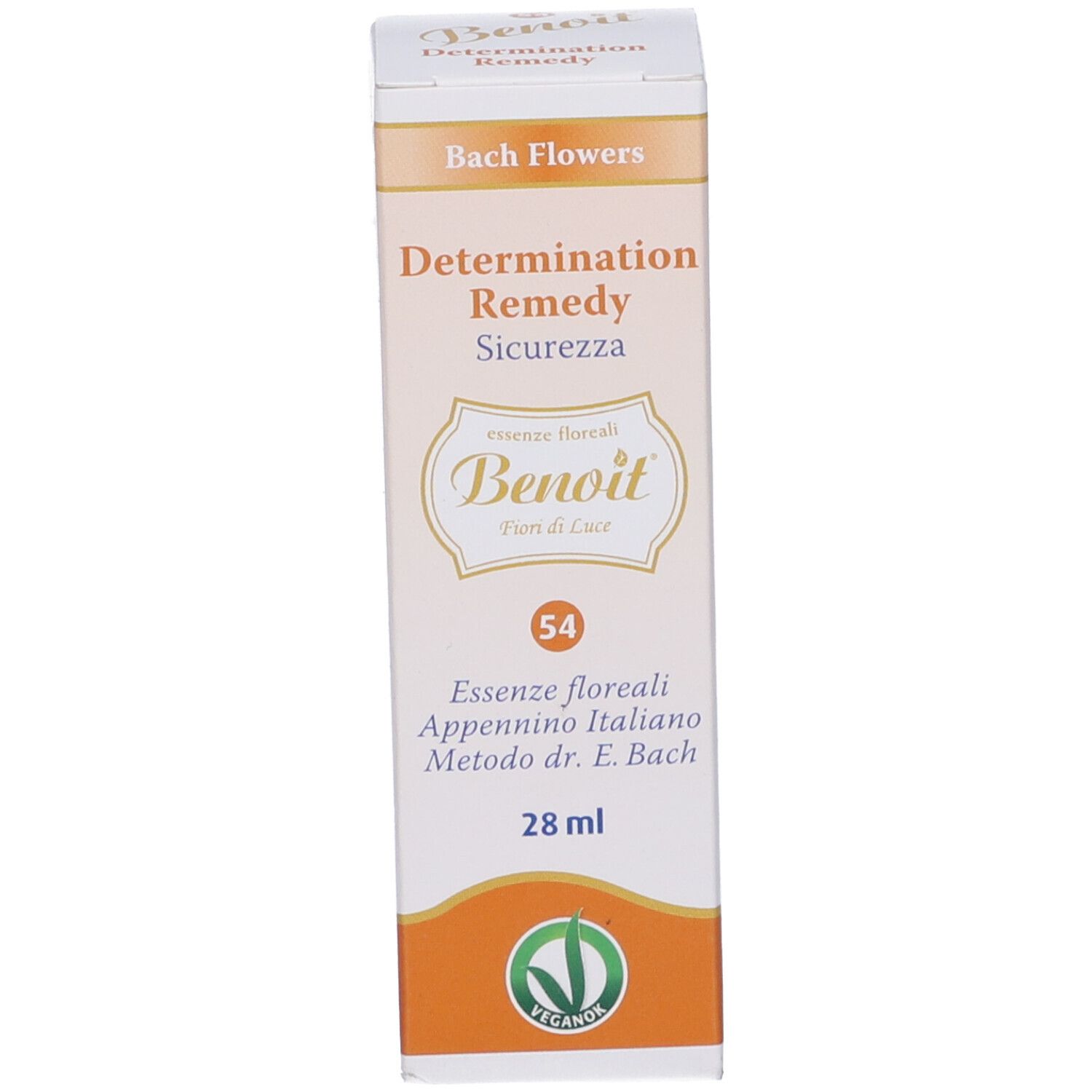 Confezione in cartone. Scritta: Determination Remedy, 28 ml. Sigillo vegano verde.