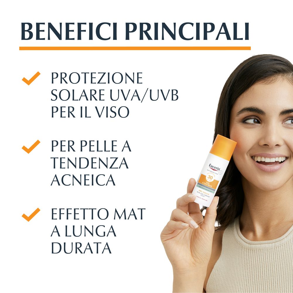 Donna tiene Eucerin Oil Control. Vantaggi: protezione UVA/UVB, per pelle a tendenza acneica, effetto opacizzante.