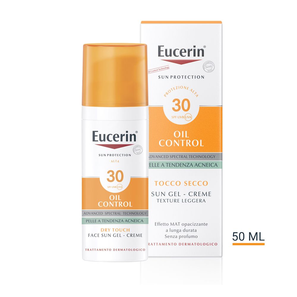 Eucerin Oil Control LSF 30 Gel-Crema. Tubo bianco con tappo arancione. 50 ml.