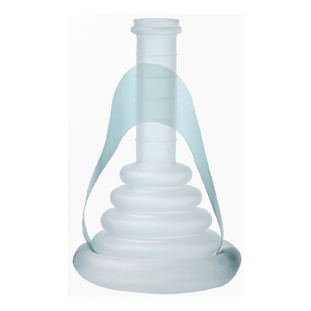 Guaina per incontinenza in silicone con fascia di fissaggio. Fascia azzurra. Forma conica con superficie scanalata.