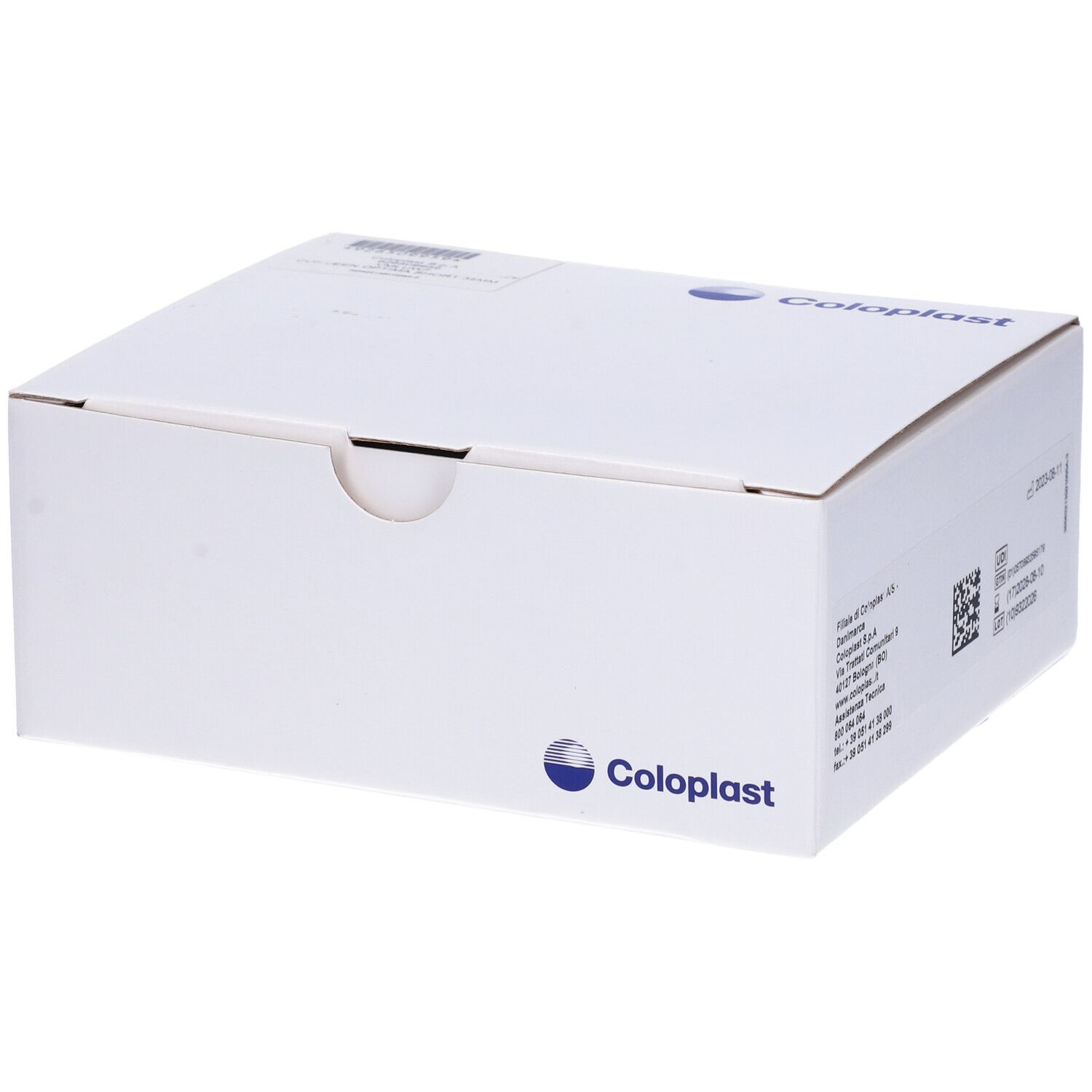 Confezione bianca con logo Coloplast. Stampe e codice a barre. Coperchio con incavo arrotondato.