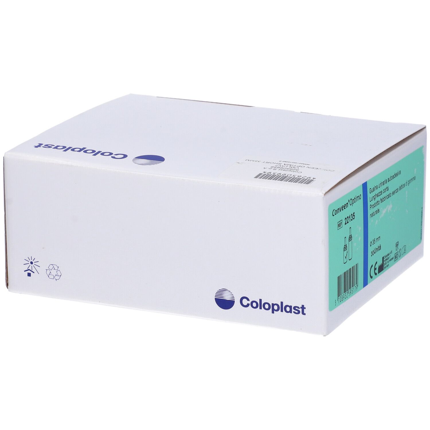 Scatola bianca con logo Coloplast. Denominazione prodotto, diametro 35 mm. Informazioni prodotto verdi.