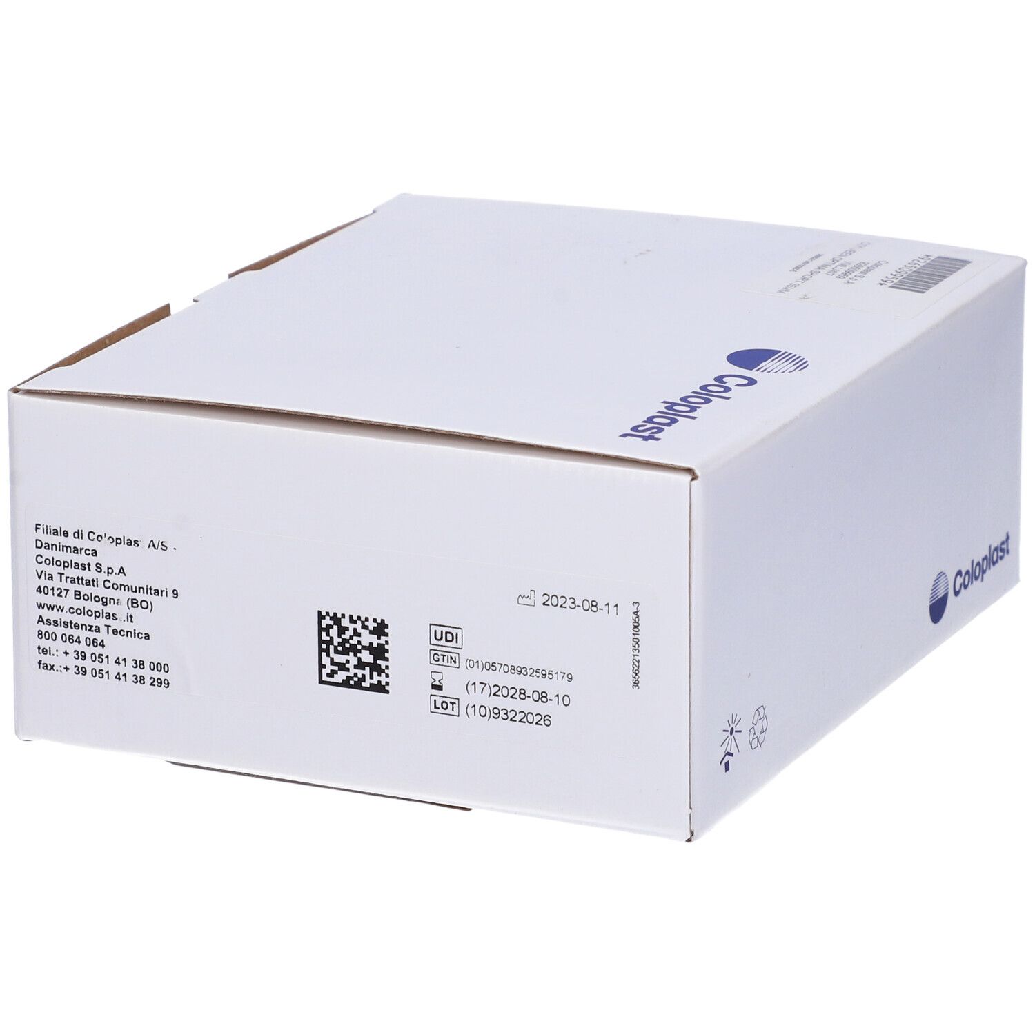 Scatola bianca con logo Coloplast. Codice QR e numero di lotto. Informazioni sul produttore.