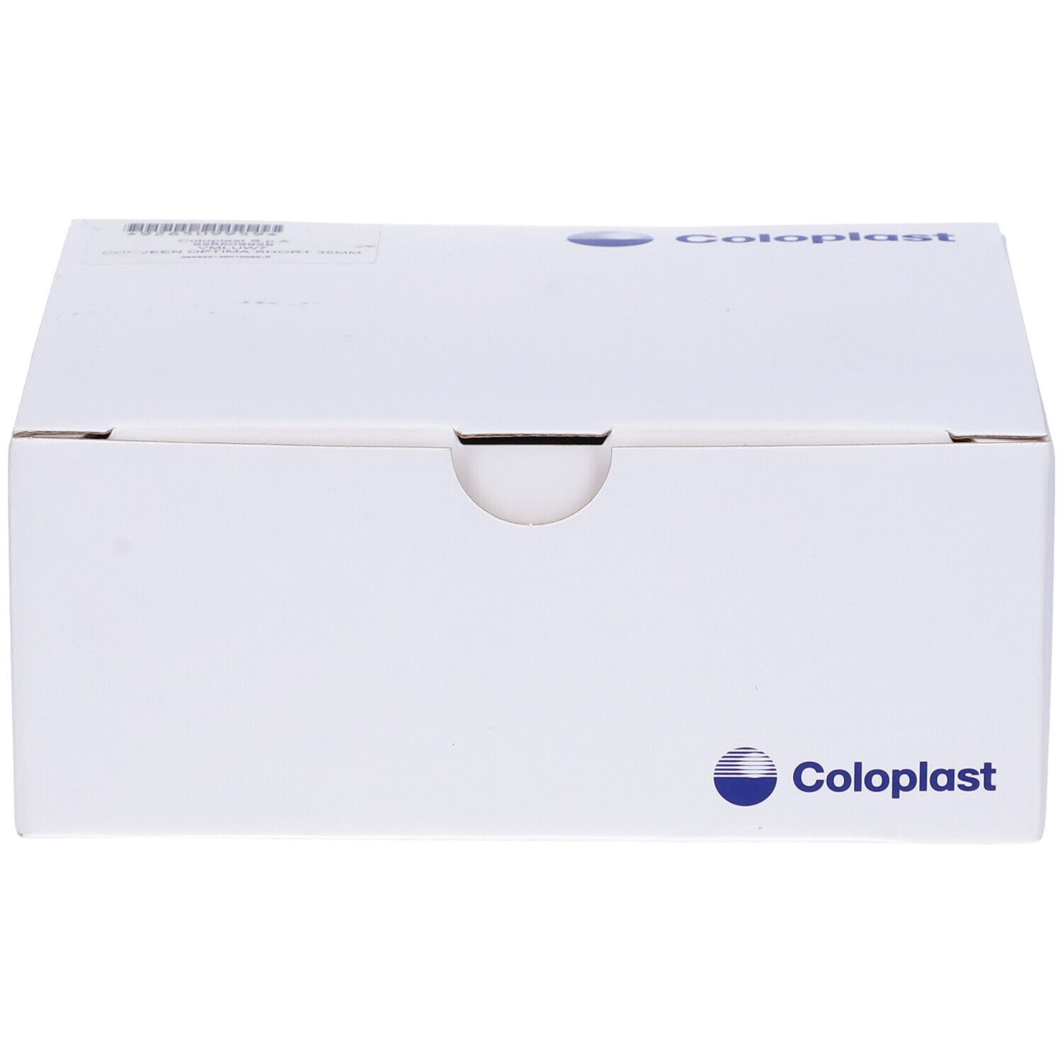 Confezione bianca con logo Coloplast. Coperchio con incavo arrotondato. Codice a barre e informazioni prodotto.